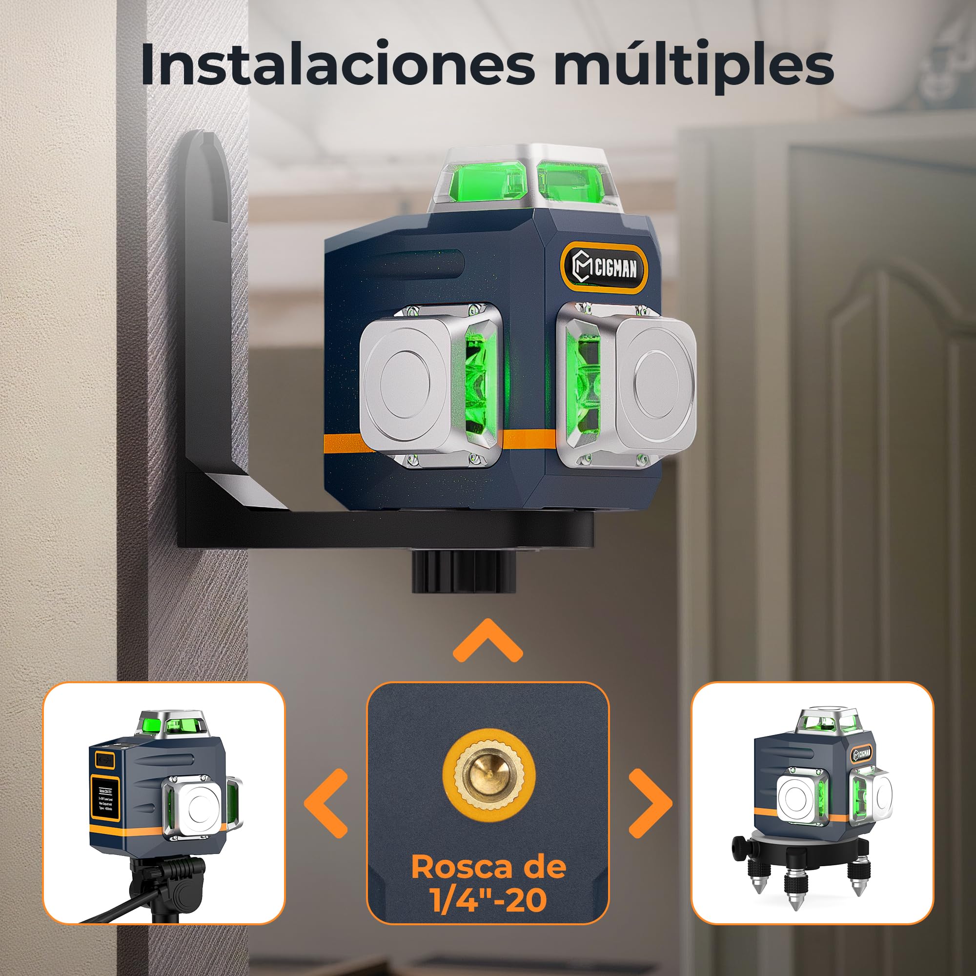 CIGMAN CM701 Nivel Láser de Línea, Autonivelante 360 Grados, 3x360°, 3D Nivelador, 30M Alcance, Con Control Remoto, Doble Soporte, Estuche acolchado, Batería Recargable, IP54