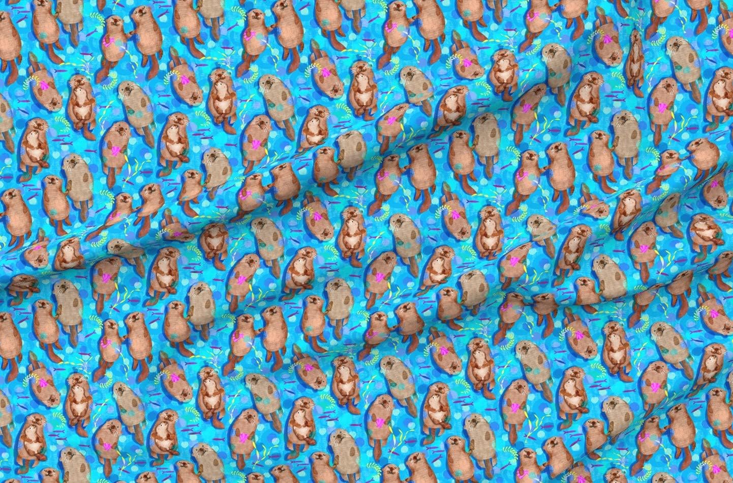 Spoonflower Fabric - Sweet Playful Otters Sea Aquatic Swimming Animals Watercolor Boy Girl Printed on Minky Fabric by The Yard - Sewing Baby Blankets Quilt Backing Plush