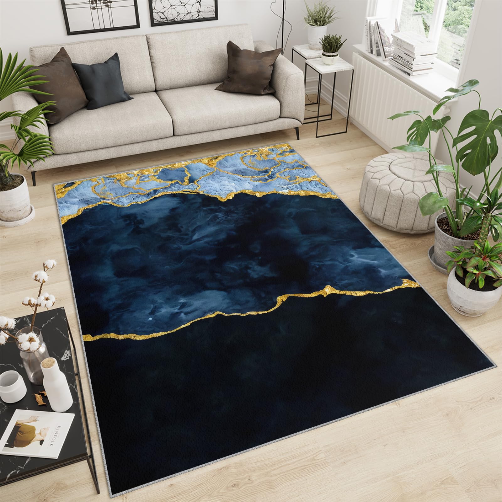 QDJKBL Area Rugs 180 X 270 Cm Abstract Marble Navy Blue Gold, 3D Dark Oil Painting Graffiti Large Area Rug, Shock Absorption Carpet Do Not Fade for Bedroom Living Room