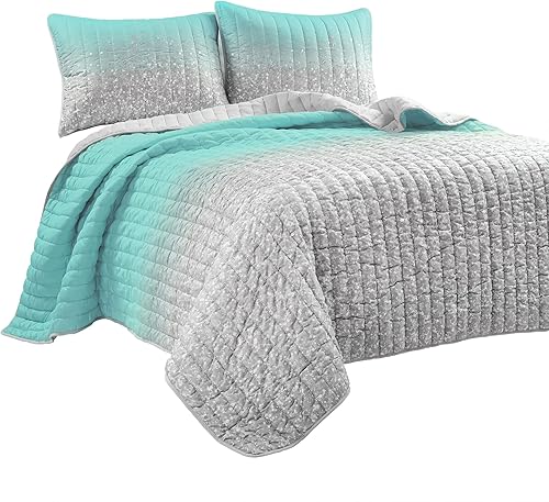 Miniatura 9 de Lush Decor Juego de edredón de 5 piezas con estampado metálico degradado con purpurina, matrimonialqueen, aguamarina y gris