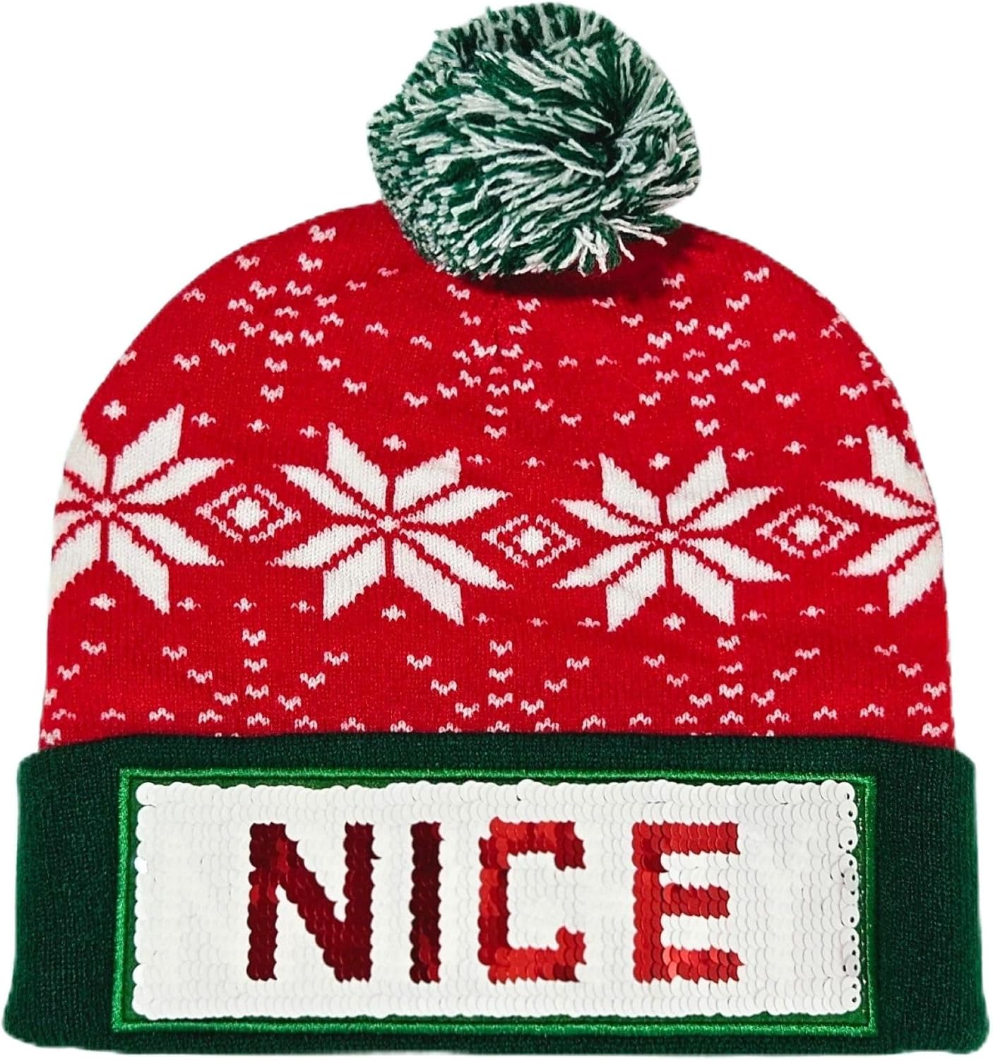 Christmas Holiday Beanie Hat, Red and Green Knit Winter Cap with Pom Pom, Naughty or Nice Sequin Design Reversible, Snowflake Pattern