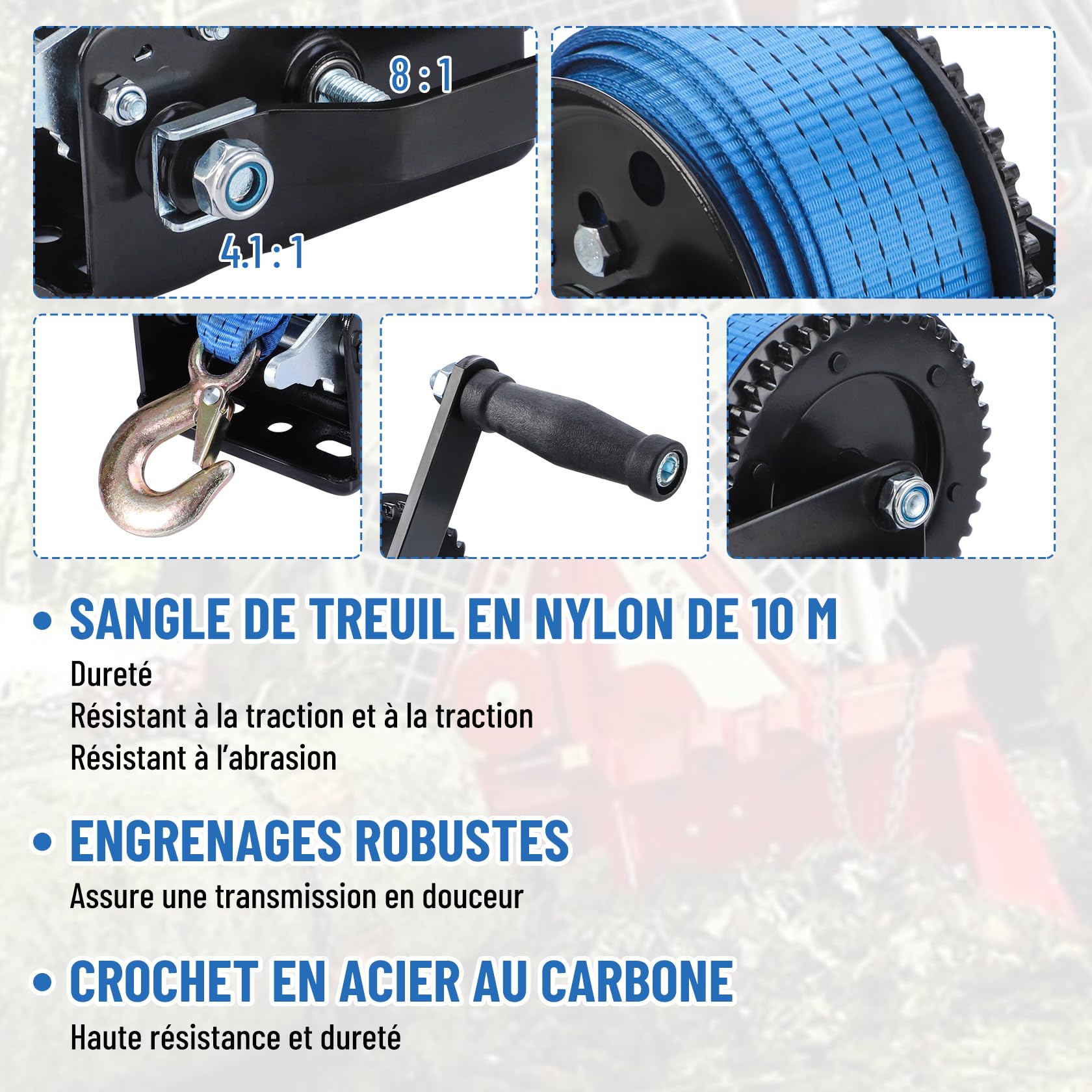 Pindex Treuil Manuel avec Sangle 10 m, Treuil Manuel 1000 kg avec Sangle, Treuil de Bateau avec Dispositif anti-retour, pour Atelier, Garage, Remorque, Dinghi, Bois