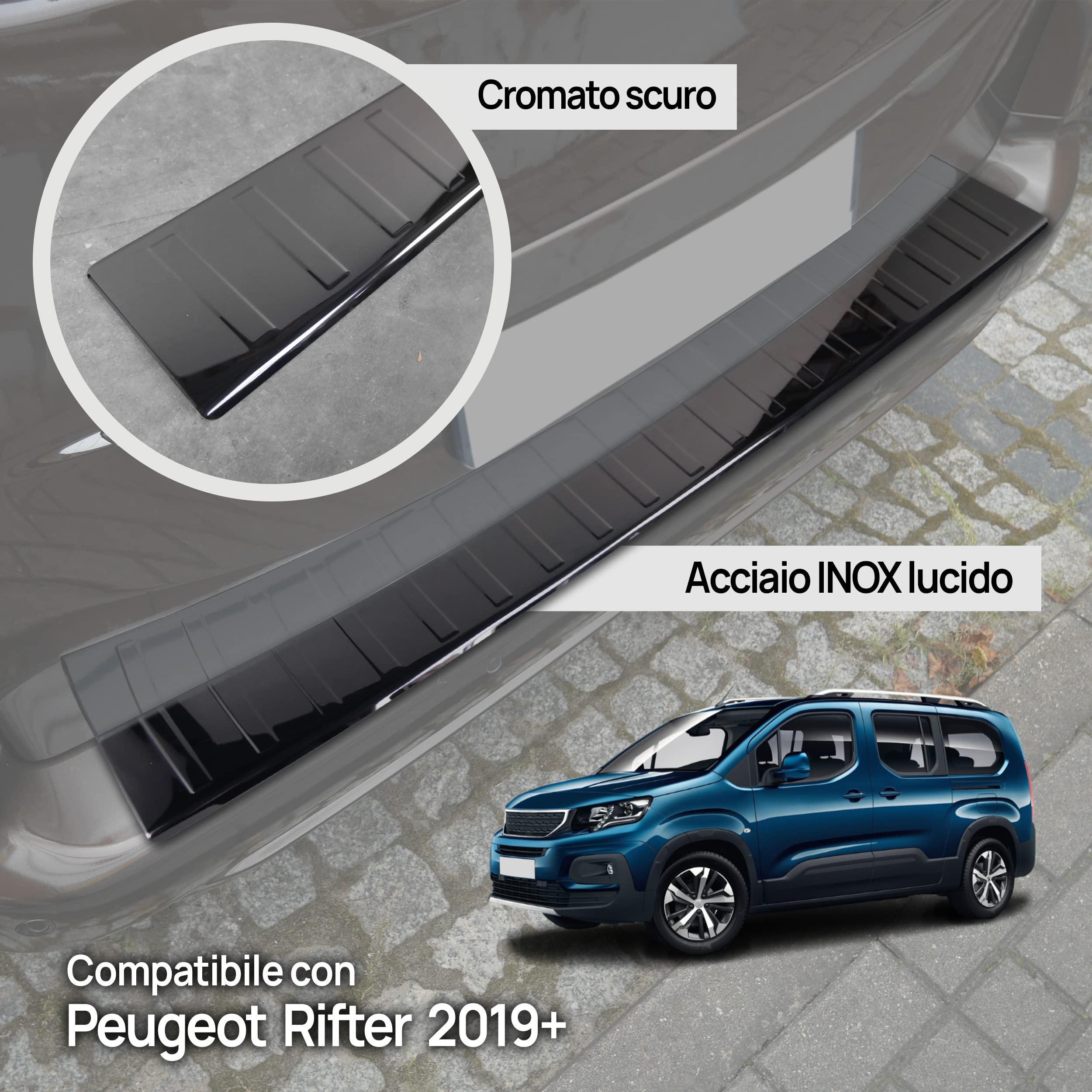 Chromemaster | Protezione paraurti Posteriore | Compatibile con Peugeot Rifter dal 2019- | Acciaio INOX lucido, grafite lucida | Protezione paraurti protegge la vernice del paraurti dai graffi
