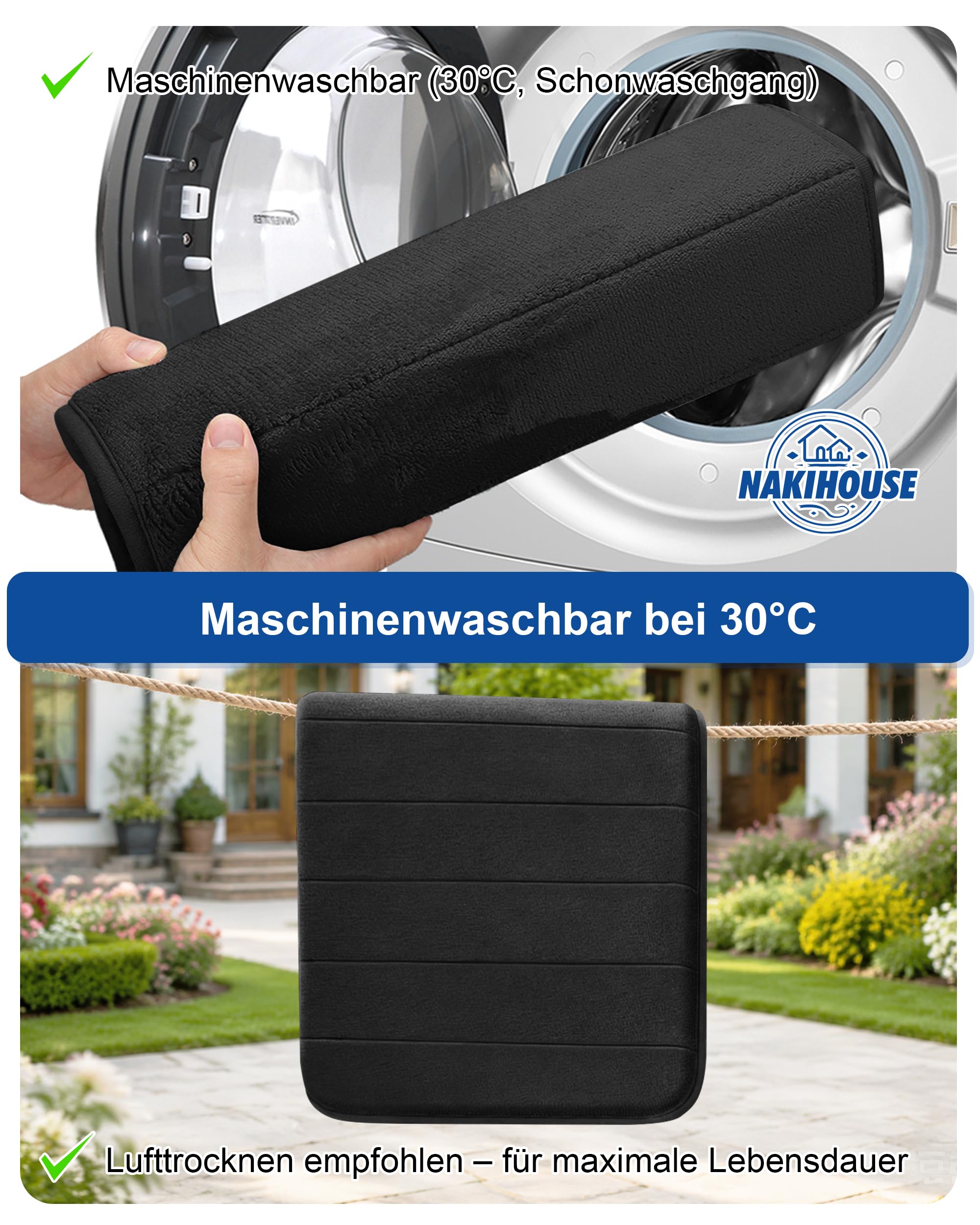 Badezimmerteppich Set 3 Teilig aus Dicke Memory Foam rutschfest Saugfähig Waschbar Weich Schnell Trocknend Badematte Set und U Förmige wc Vorleger für Dusche, WC & Badewanne,Schwarz