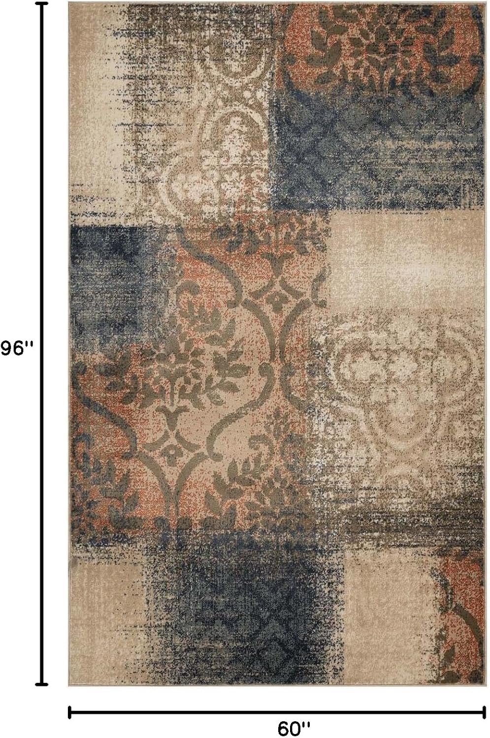 BNM Indoor Large Area Rug with Jute Backing, Perfect for Office, Living Room, Bedroom, Entryway, Dorm, Kitchen, Geometric Floral Patchwork Decor, Bristol Collection, 5' x 8', Midnight Navy-Salmon