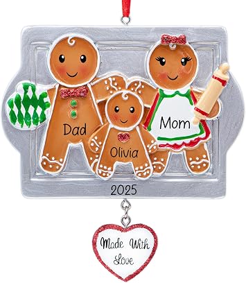 Personalized Made with Love Family of 3 Christmas Ornament 2026 | Gingerbread Cookies for Xmas Tree | New Parents Our First Christmas As Family of Three Keepsake - Custom Name & Year