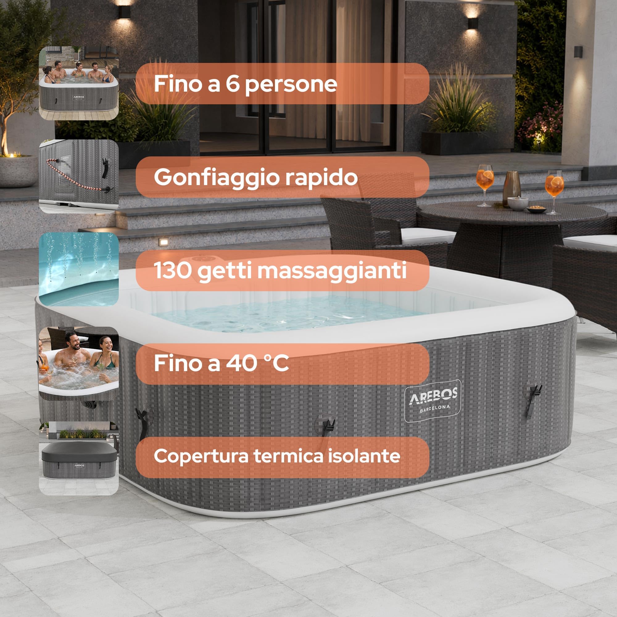 Arebos Spa idromassaggio 2400W | Piscina all'aperto | per 6 persone 185x185cm | 130 getti massaggianti | 910 L con riscaldamento | Funzione di gonfiaggio con un pulsante | Copertura inclusa | Bubble S