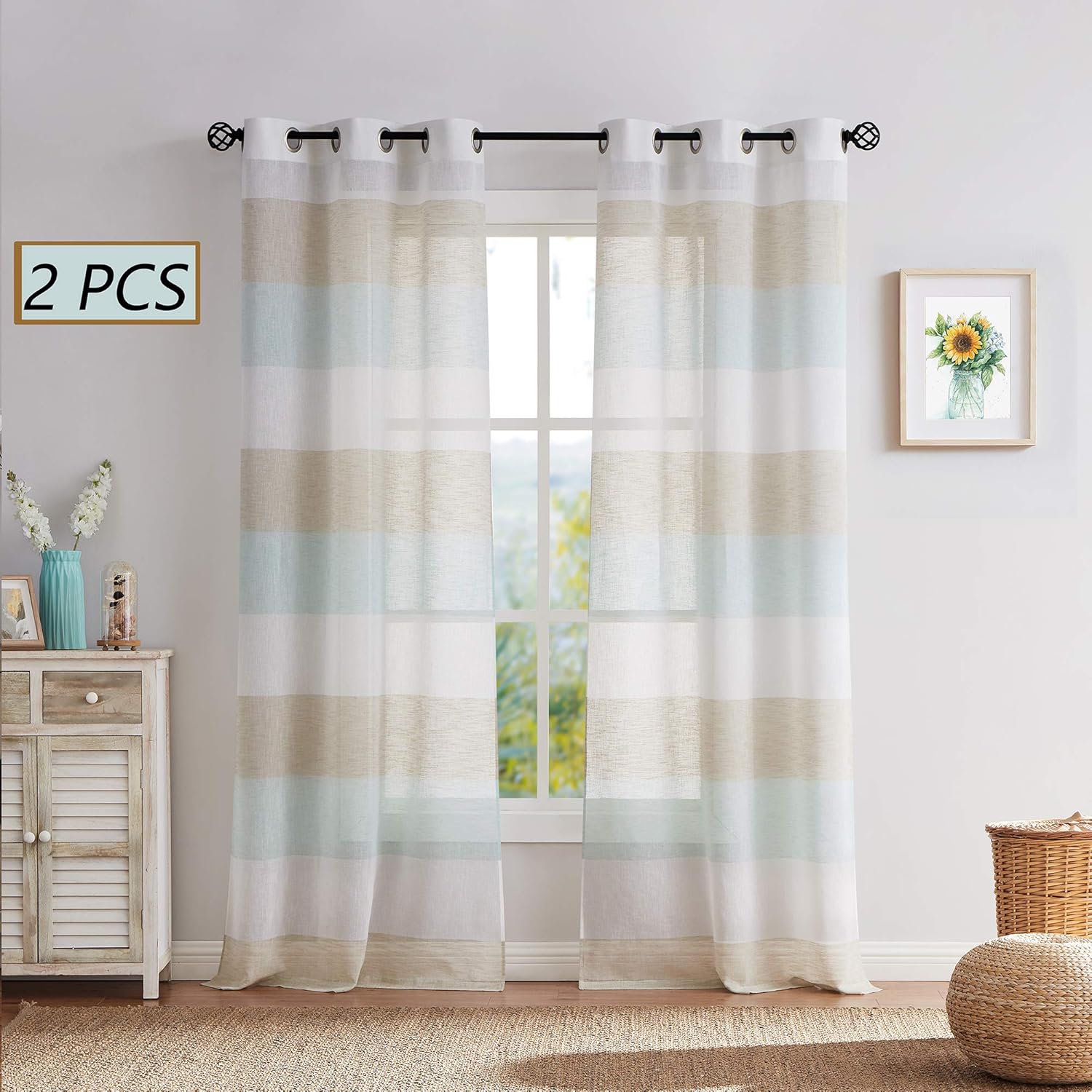 Central Park Tan and Spa Blue Stripe Sheer Color Block Window Curtain