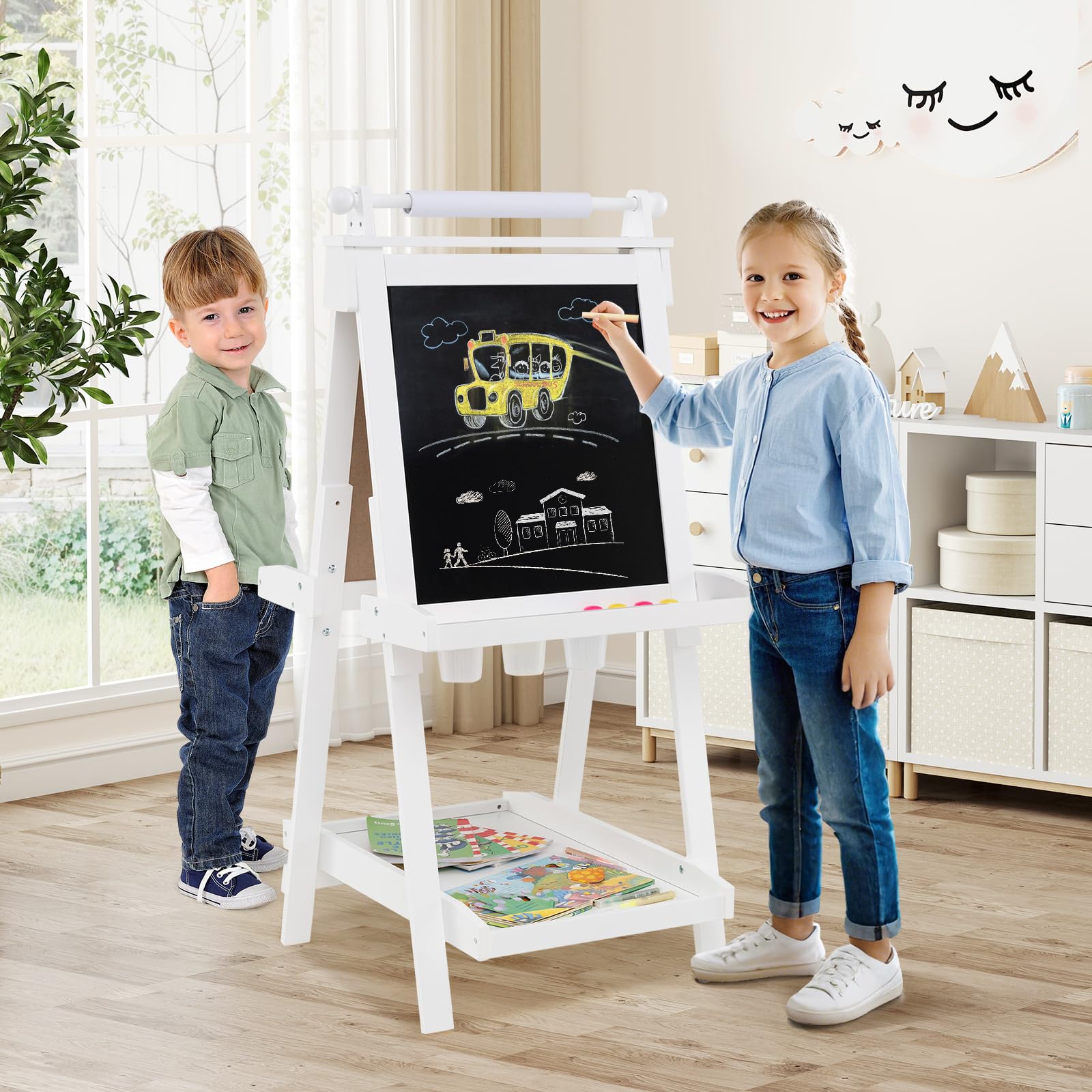 COSTWAY Caballete Plegable para Niños 3 en 1, Pizarra Infantil de Doble Cara, Pizarra Blanca y Magnética, 3 Alturas Ajustables, Rollo de Papel Reemplazable, 3 Vasos, Bandejas (Blanco)