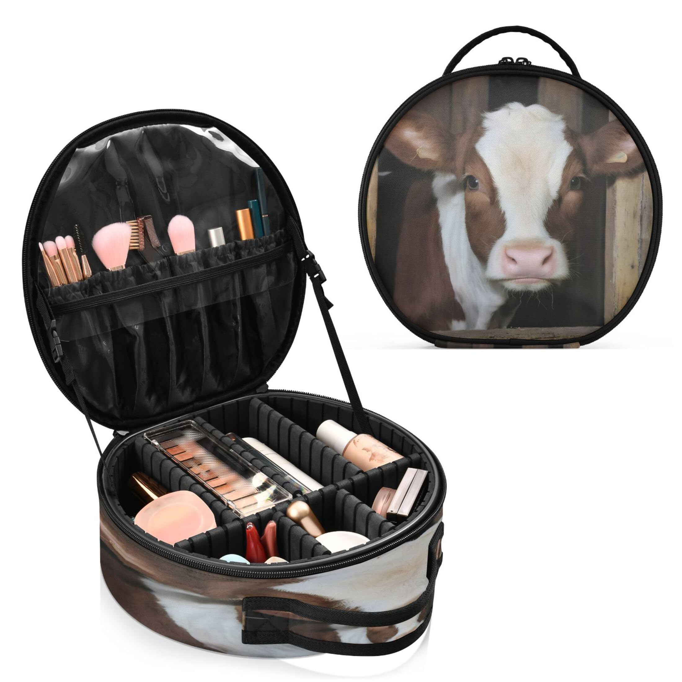 Takiito Milk Cow Travel Makeup Case Portable Makeup Box Artist Cosmetic Case Organizer With Adjustable Dividers