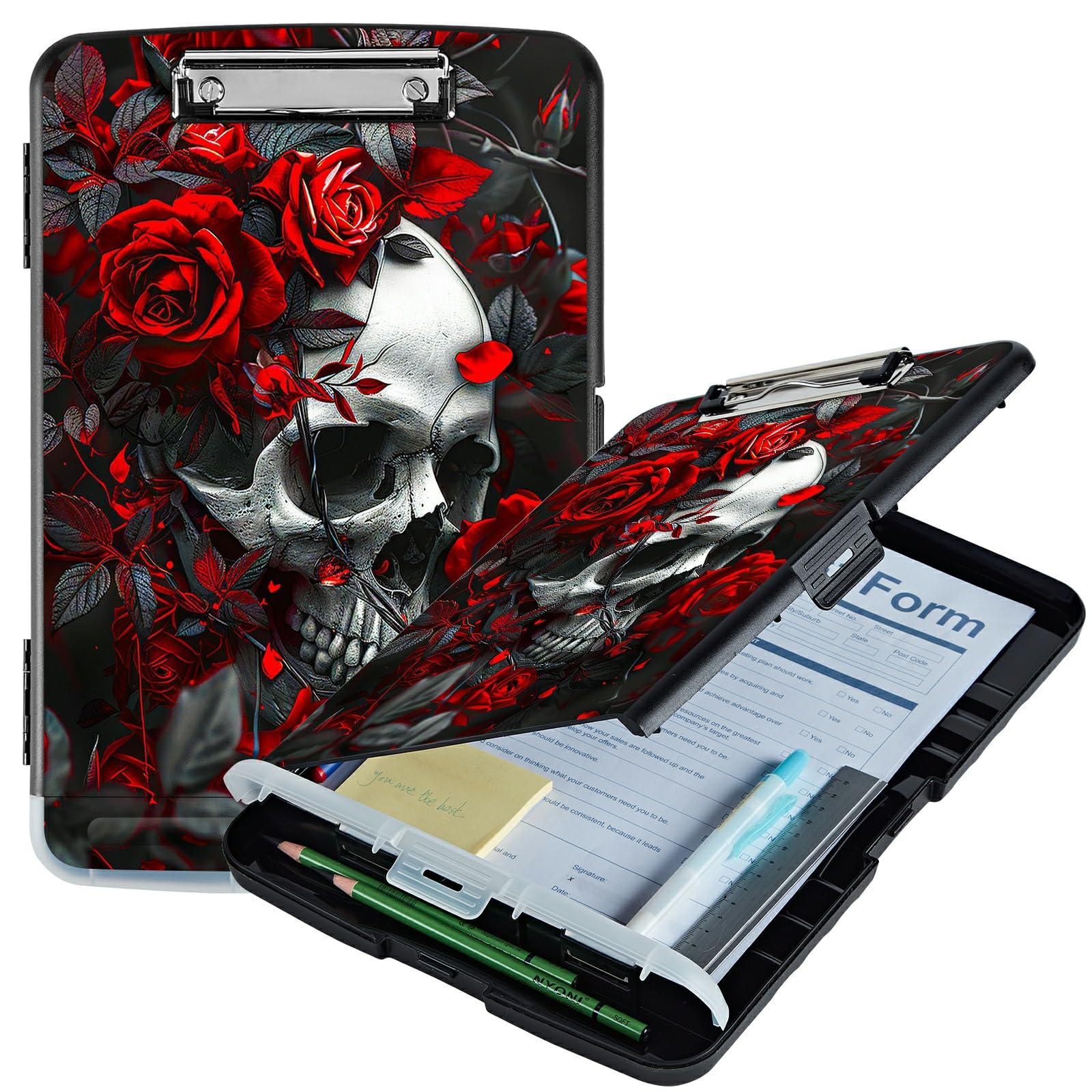 RWUTYTIUL Red Rose Skull A4 Clipboard with Storage Pen Holder, Clipboards Organizer Nursing Clipboard Foldable File Folder Plastic Clipboard Folio Clip Board for Office Students Classroom Doctor — image 1