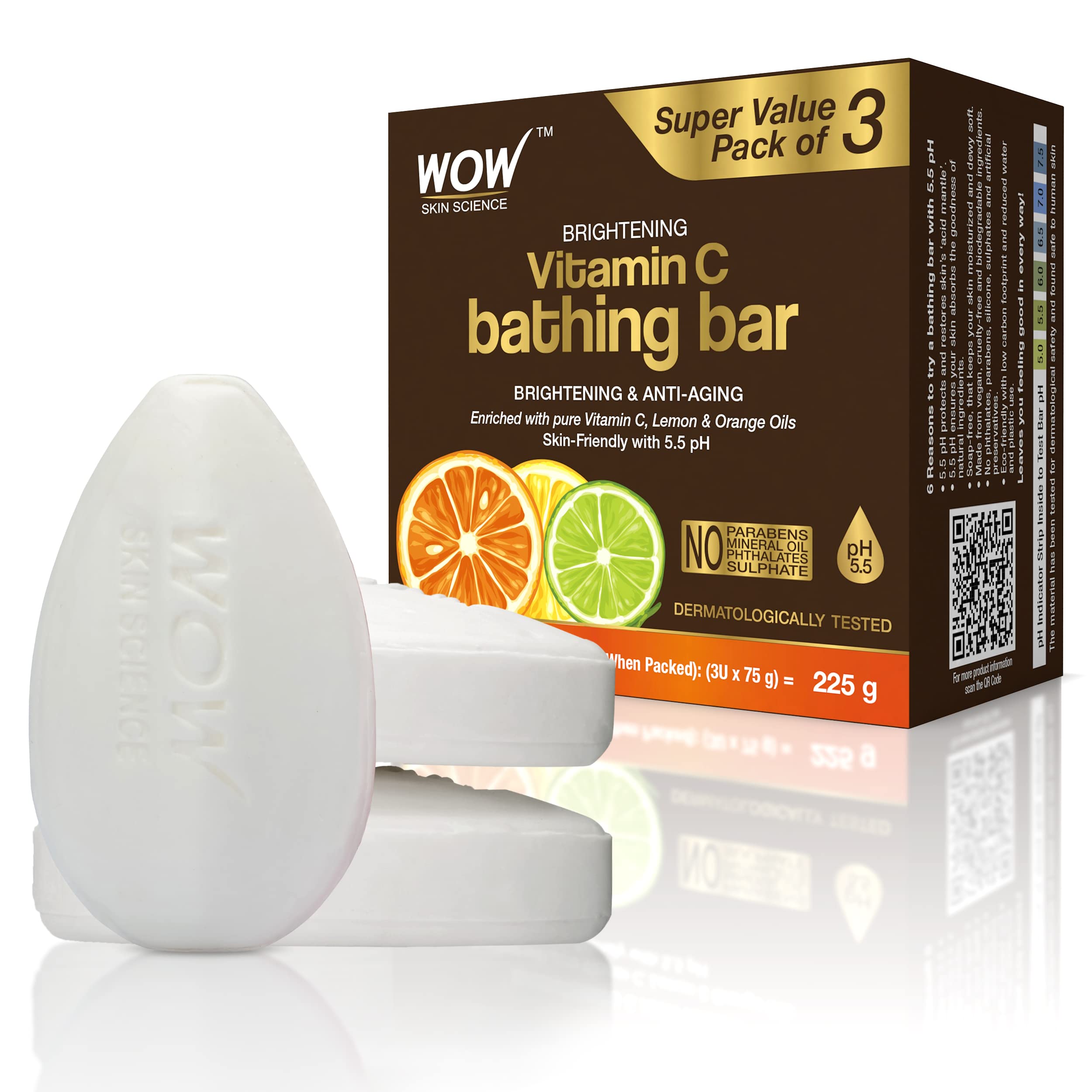 WOW Skin Science Brightening Vitamin C Bathing Soap with Vitamin C, Lemon & Orange Oils - Super Value Pack of 3 - Skin-Friendly with 5.5 pH - 225g (75g X 3)
