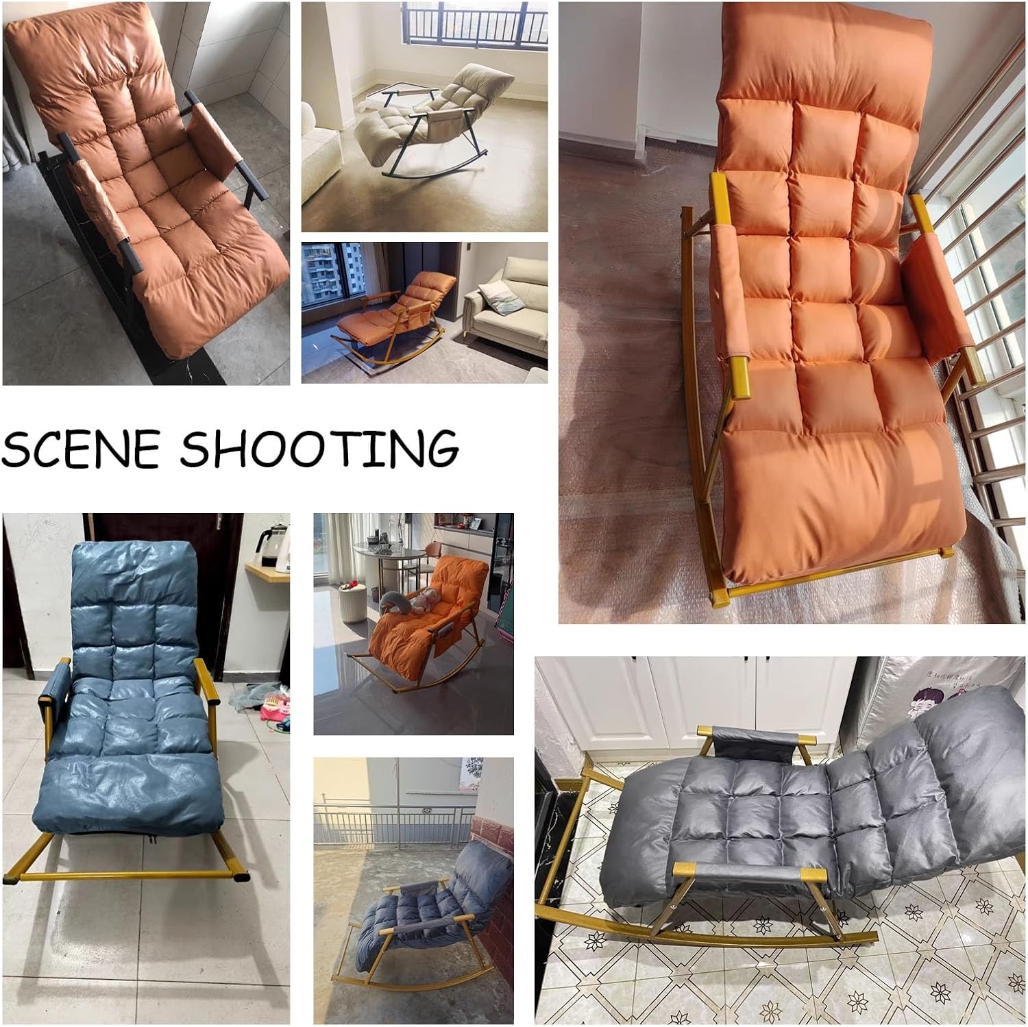 Rocking Chair, Adjustable Backrest Chair with Side Pockets, Side Armchairs for Balcony Porch Patio(Yellow+Gold Legs)