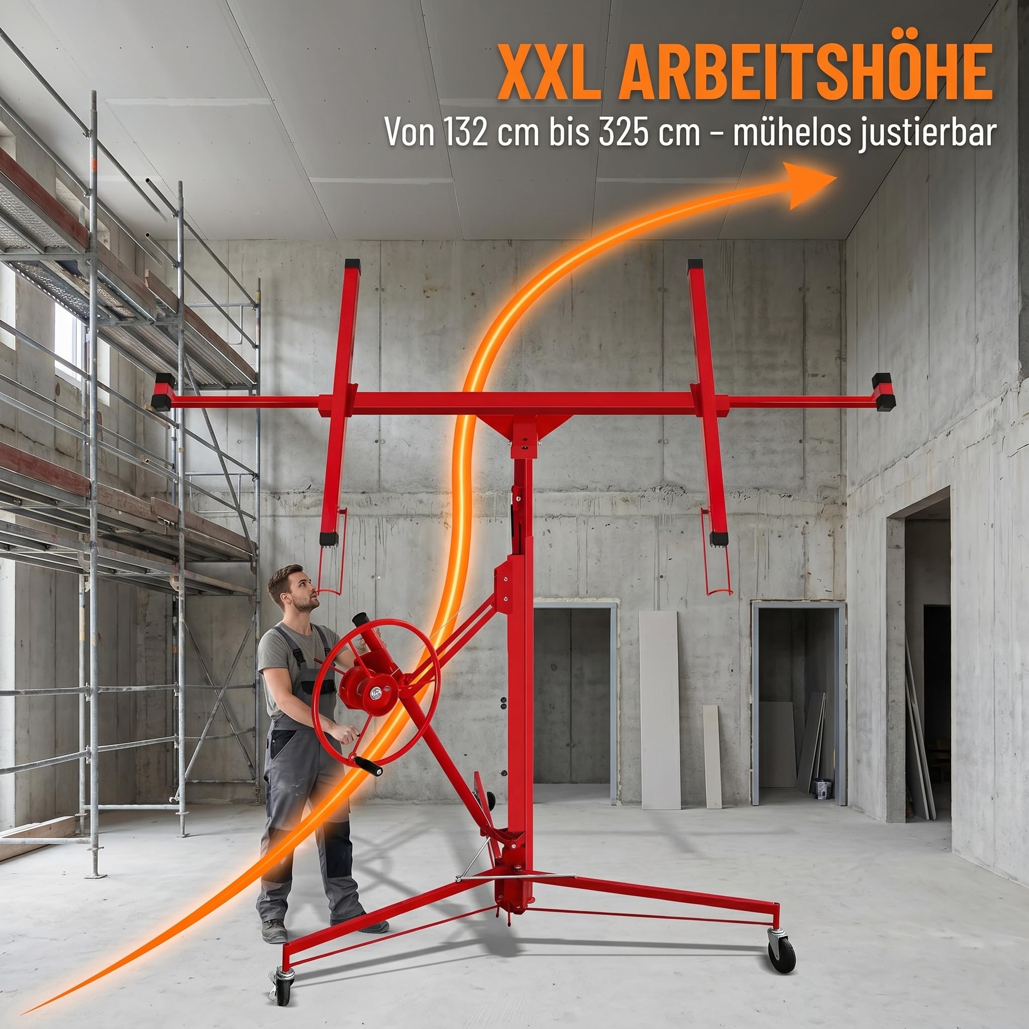 Ikodm Plattenheber klappbar XXL für Rigipsplatten, 132-335cm Arbeitshöhe höhenverstellbar, max 290cm Lastarmbreite und 68 kg Traglast, Rot