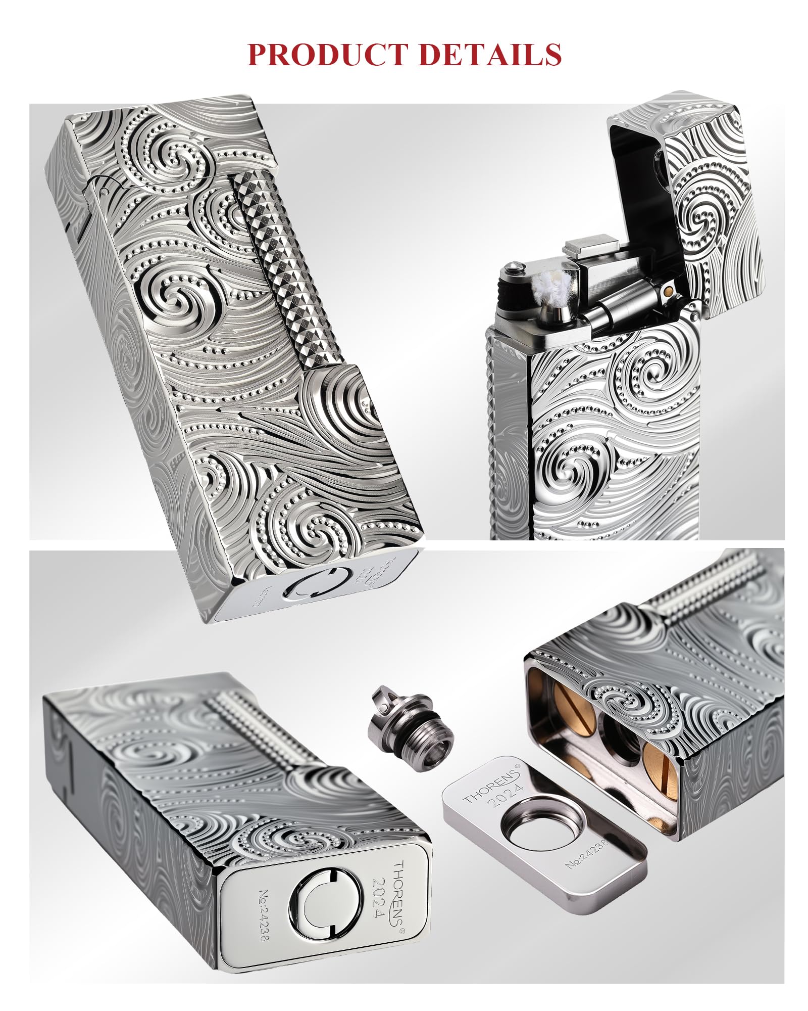 THORENS Narrow Lighter - Starry Sky Mechero de Queroseno y Latón | Side-slip, flip-top, plata, retro clásico, compacto, recargable, llama suave, relieve tallado, regalo coleccionable hombre