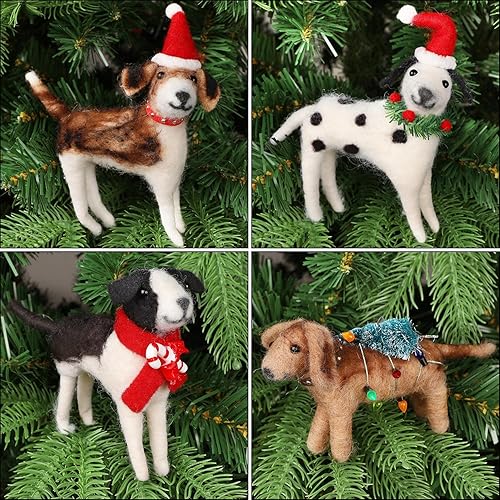 Juegoal Christmas Felt Dogs Ornaments Set of 4, Xmas Wool Puppy Hanging Decor, Felt Animal Crafts Woodland Cute Christmas Tree Wreath Decor for Home