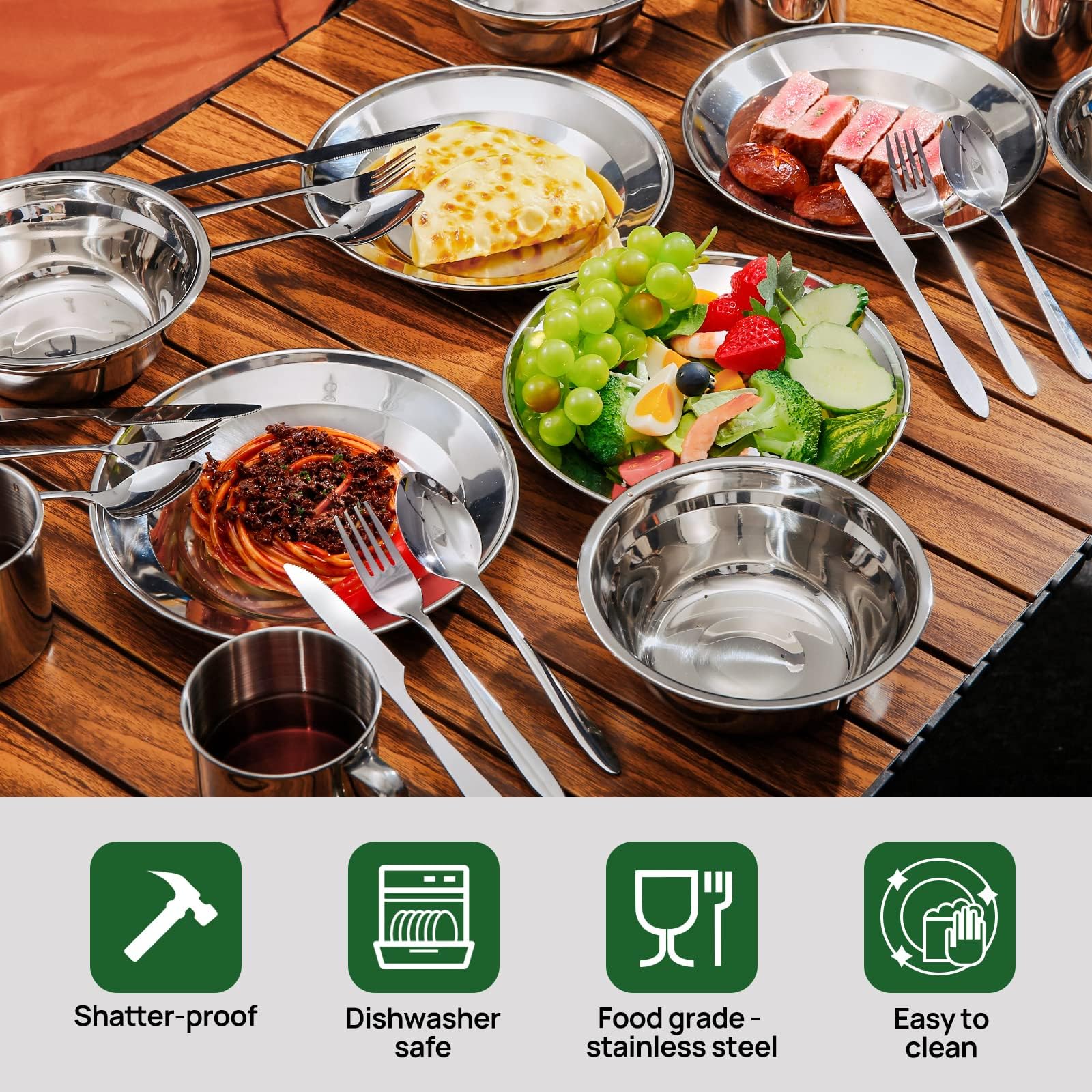 Odoland Set de Couverts Camping, Ustensiles et Bol Soucoupe INOX, Assiette Tasse Couteau Fourchette Cuillère Sac Rangement, Kit de Vaisselle Camping pour Famille et Amis Randonnée Pique-Nique Voyage