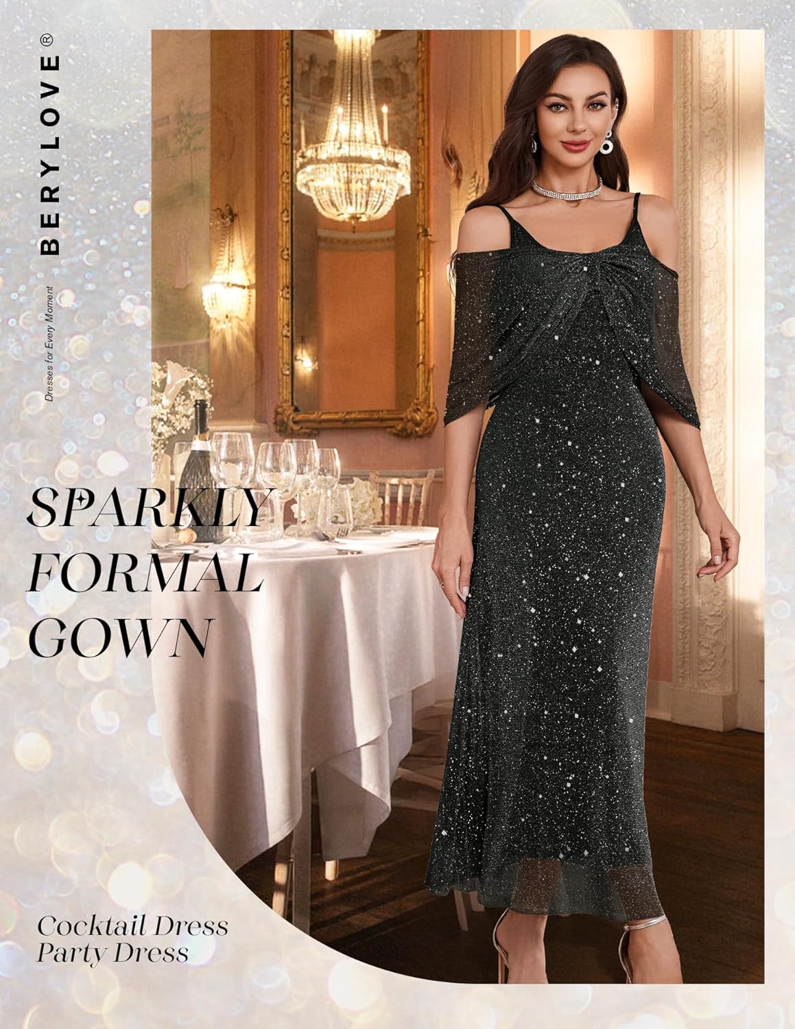 BeryLove Sequin Formal Cocktail Long Dress Evening Wedding Guest Mother of The Bride Dresses with Shawl - Image 4