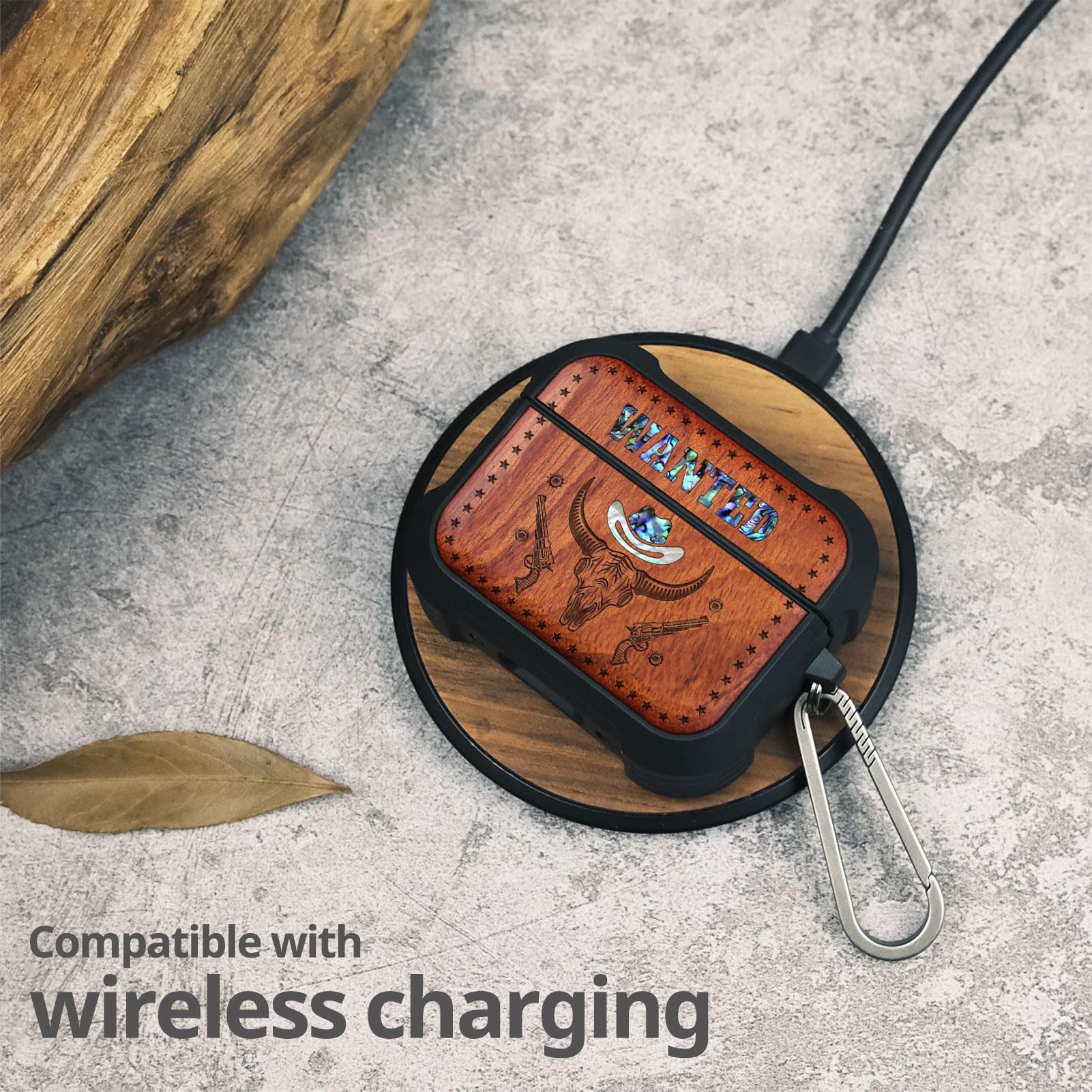 Carveit Odporne na uderzenia etui ochronne do AirPods Pro 3 (2025), drewniane grawerowanie i wkładka z muszli, kompatybilne z Airpods Pro 3, tytanowe szybkie zapięcie (różowe skrzydła esencji)