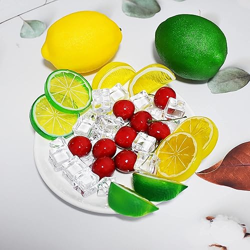 Miniatura 9 de Yuronam 40 piezas de hielo triturado falso y rocas cuadradas de hielo, 10 piezas de rebanadas artificiales de limón de fruta, 4 piezas de bloques de