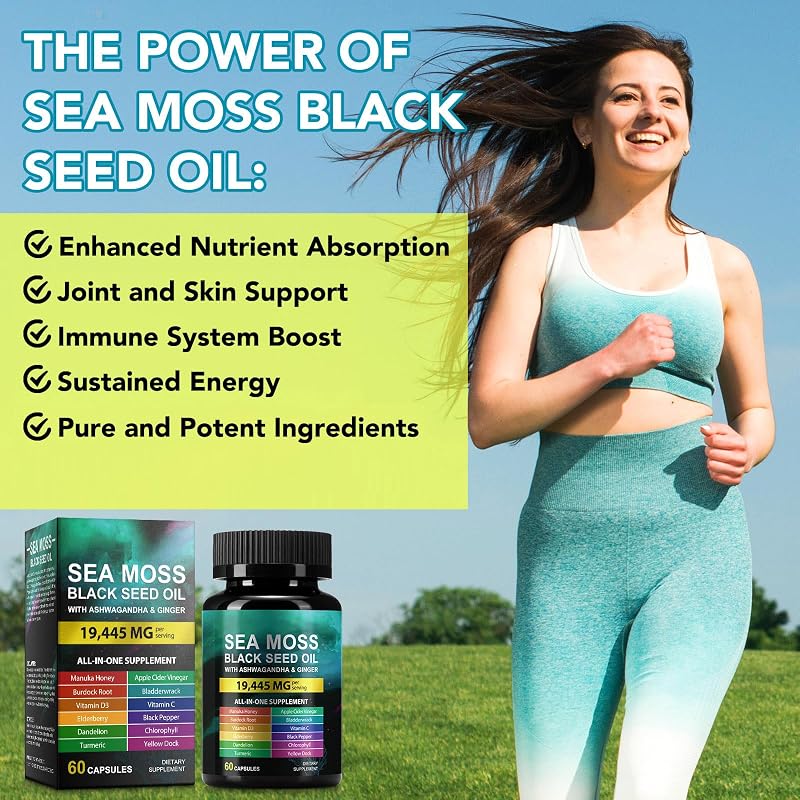 Sea Moss Black Seed Oil Ashwagandha Ginger, Sea Moss Capsule Supplement with Turmeric Burdock Root Bladderwrack Vitamin C Vitamin D3 Enhanced Immunity & Energy Black Seed Oil Capsule 60 Count image 4
