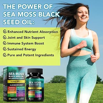 Sea Moss Black Seed Oil Ashwagandha Ginger, Sea Moss Capsule Supplement with Turmeric Burdock Root Bladderwrack Vitamin C Vitamin D3 Enhanced Immunity & Energy Black Seed Oil Capsule 60 Count