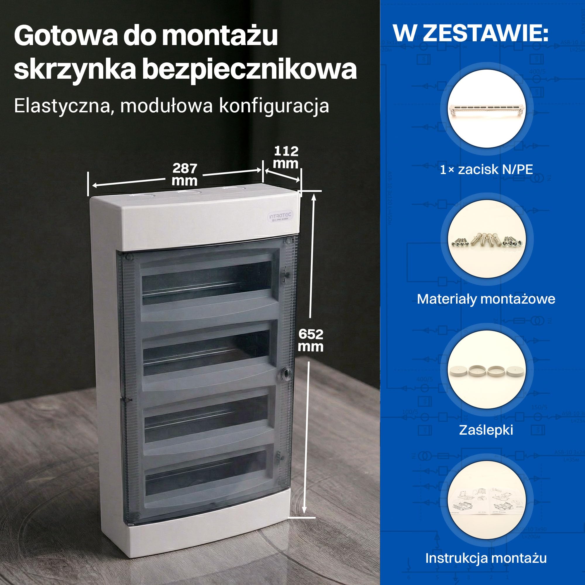 Intratec Rozdzielnica Natynkowa 4-rzędowa – IP40 Obudowa na 48 Modułów z Przezroczstymi Drzwiami do Łatwego Montażu w Domu i Obiektach Użytkowych – 652 x 287 x 112 mm