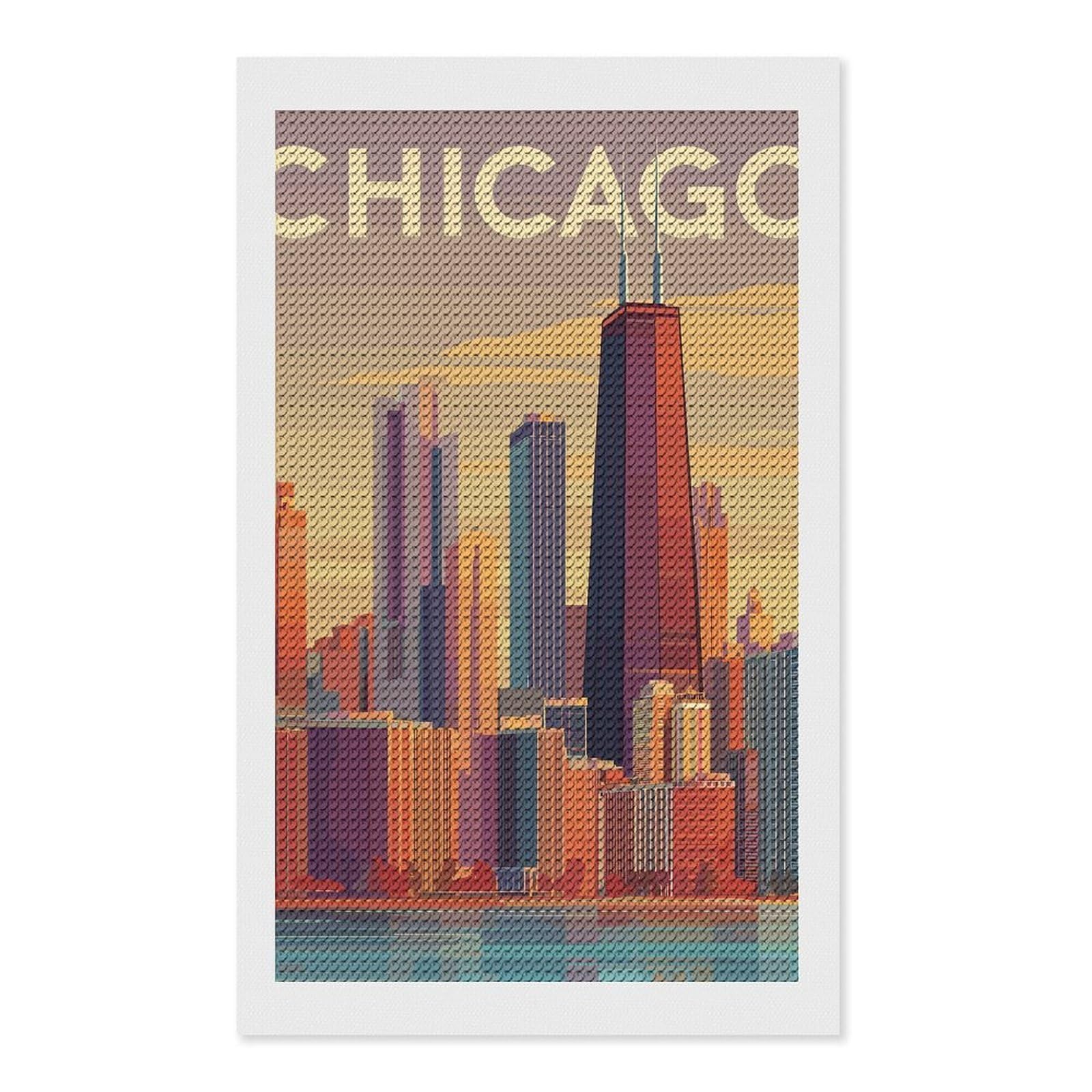 Junmoney Chicago Skyline Illustration(2) Diamond Painting Set 12"x20", Modern Decor, for Beginners, Printed Canvas, Thoughtful Handmade Gift, with Tool Kit