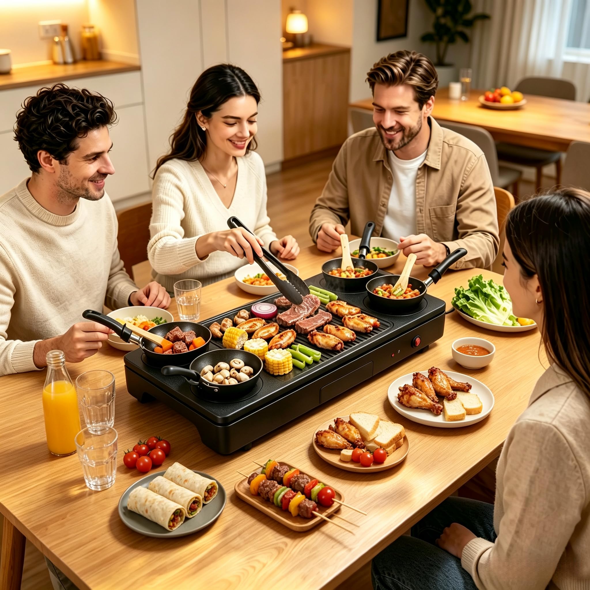 LIFEZEAL Raclette Grill per 4 Persone, 1000 W, Antiaderente, Pulizia Facile | Griglia con 4 Padelle, Piastra e Raccogligrassi, Barbecue Elettrico per Raclette e Carne, Palette, Pinza e Mestolo Inclusi