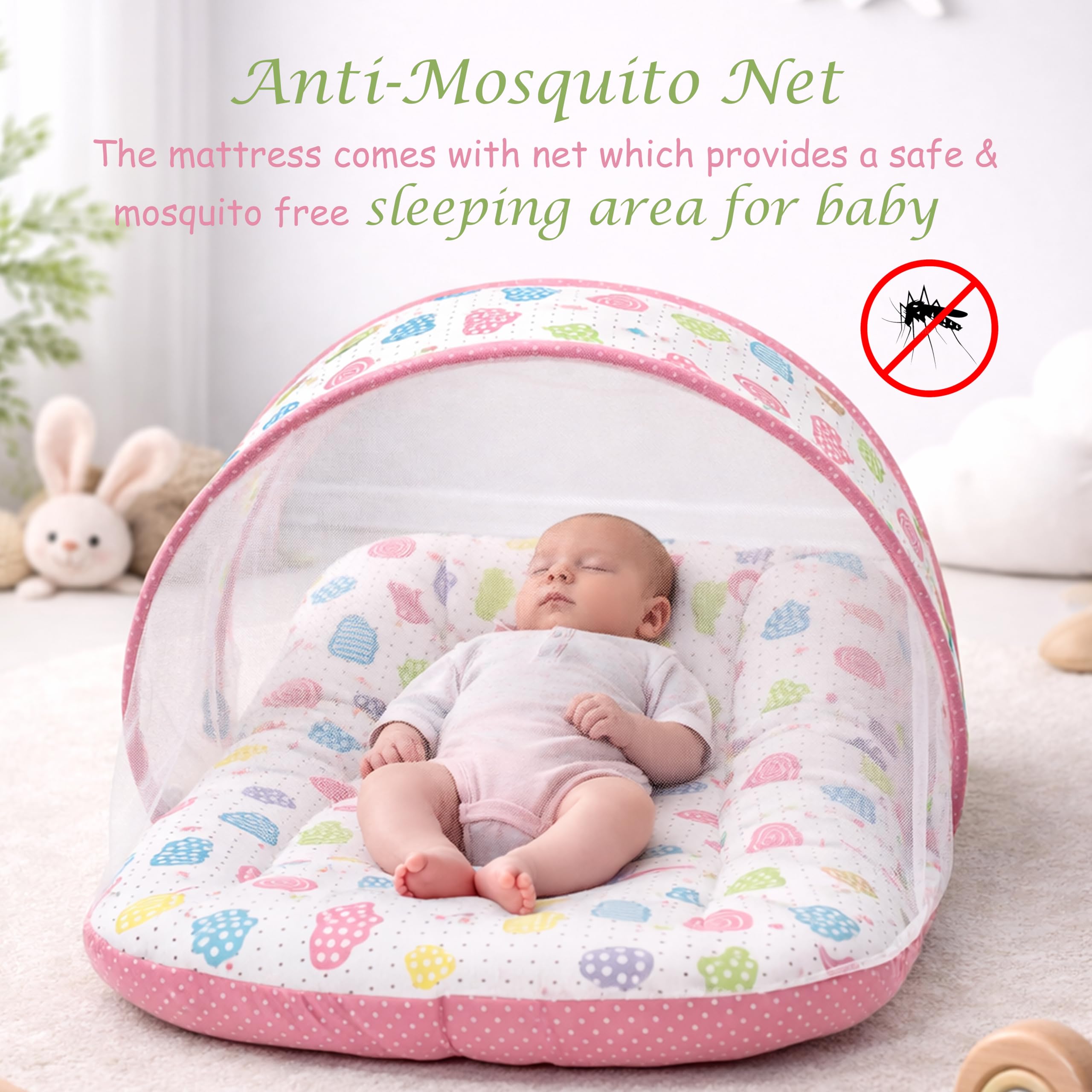 Fareto Combo of Baby Bed with Net | Carry Bag | 4 Pcs Bedding Set (0-6 Months, Baby Size, Cotton) (Peach Sprial) 3