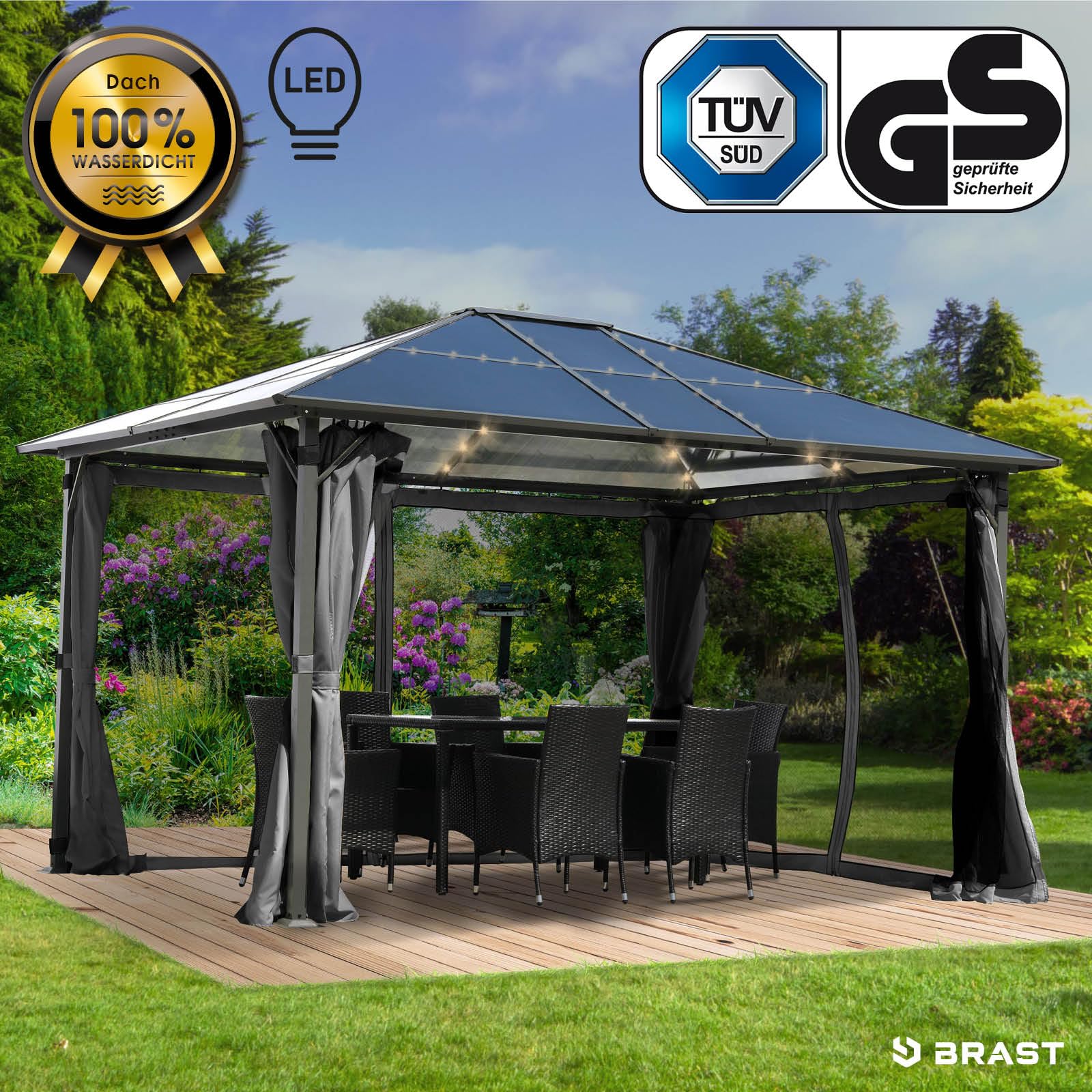 BRAST® Alu Pavillon Summerdream | viele Modelle & Farben | Größen 3x3m 3x4m | Moskitonetz + LEDs | TÜV geprüft | wasserdicht | UV-Schutz | festes Dach | 3x4m Grau LEDs