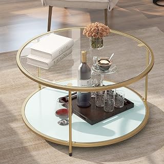 HomeTouch Round Glass Coffee Table for Living Room Coffe Tea Table with Gold Legs Small Side Table End Table Living Room Table