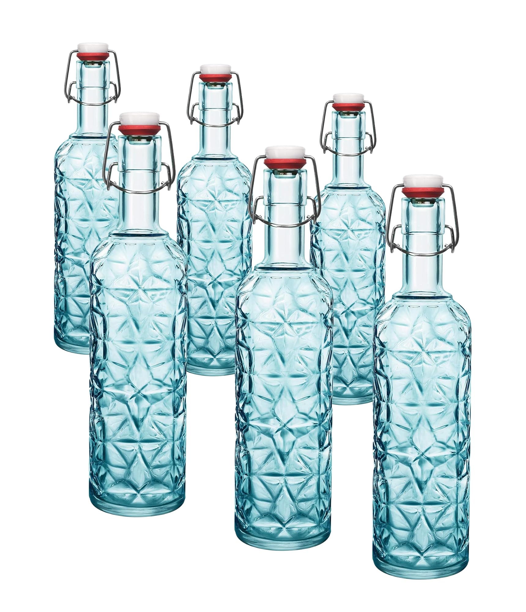 LGC Bundle | 6x Bormioli Rocco Oriente Flasche in blau, mit Bügelverschluss, 1Liter + 1 Trockentuch aus Microfilament gratis dazu