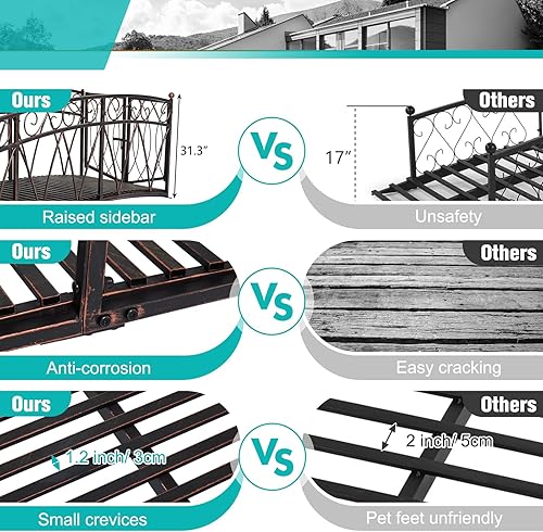 Miniatura 6 de Puente de jardín de metal de 8 pies con puerta y barras laterales con patrón de seguridad, puente decorativo de hierro extra largo para exteriores,