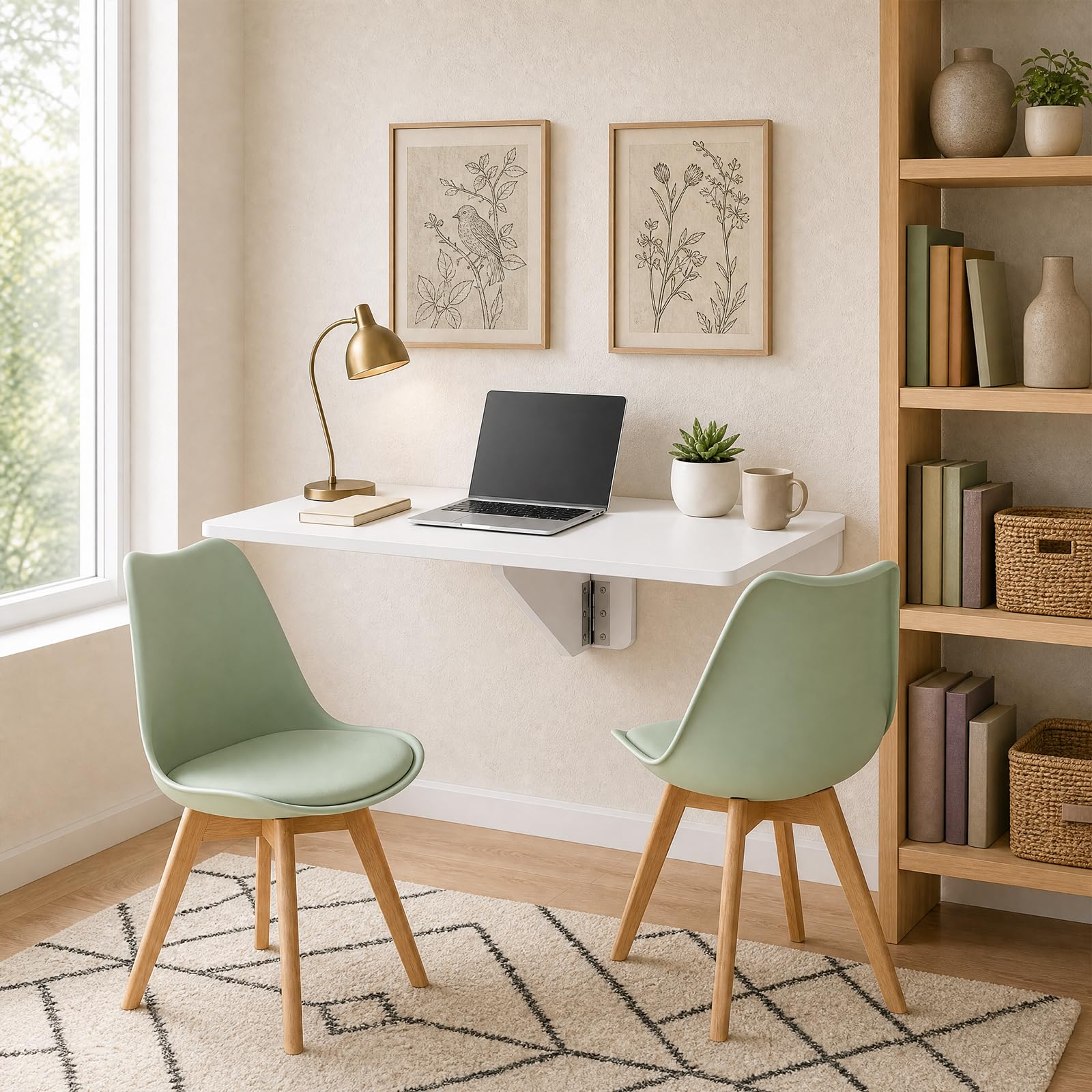 Klapptisch mit 2 Eiscreme-Grün Stühlen, Tischgruppe 60x40 cm, Weiß | Essgruppen Wandklapptisch Wand, Platzsparend, 50 kg, für Kleine Räume und Balkon Küche, 2 Eiscreme-Grün Stühlen