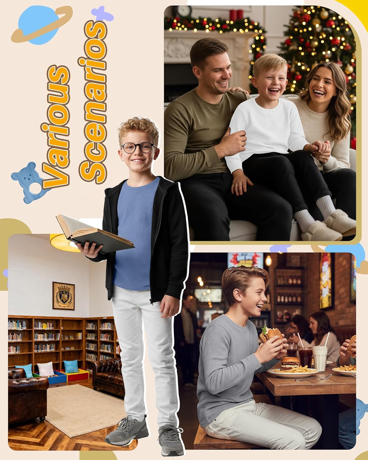 5 Pack Boy's Long Sleeve Shirts, Waffle Knit Crew Neck Tops T-Shirts Basic Layer Undershirts 5-14 Years Kids - Image 4