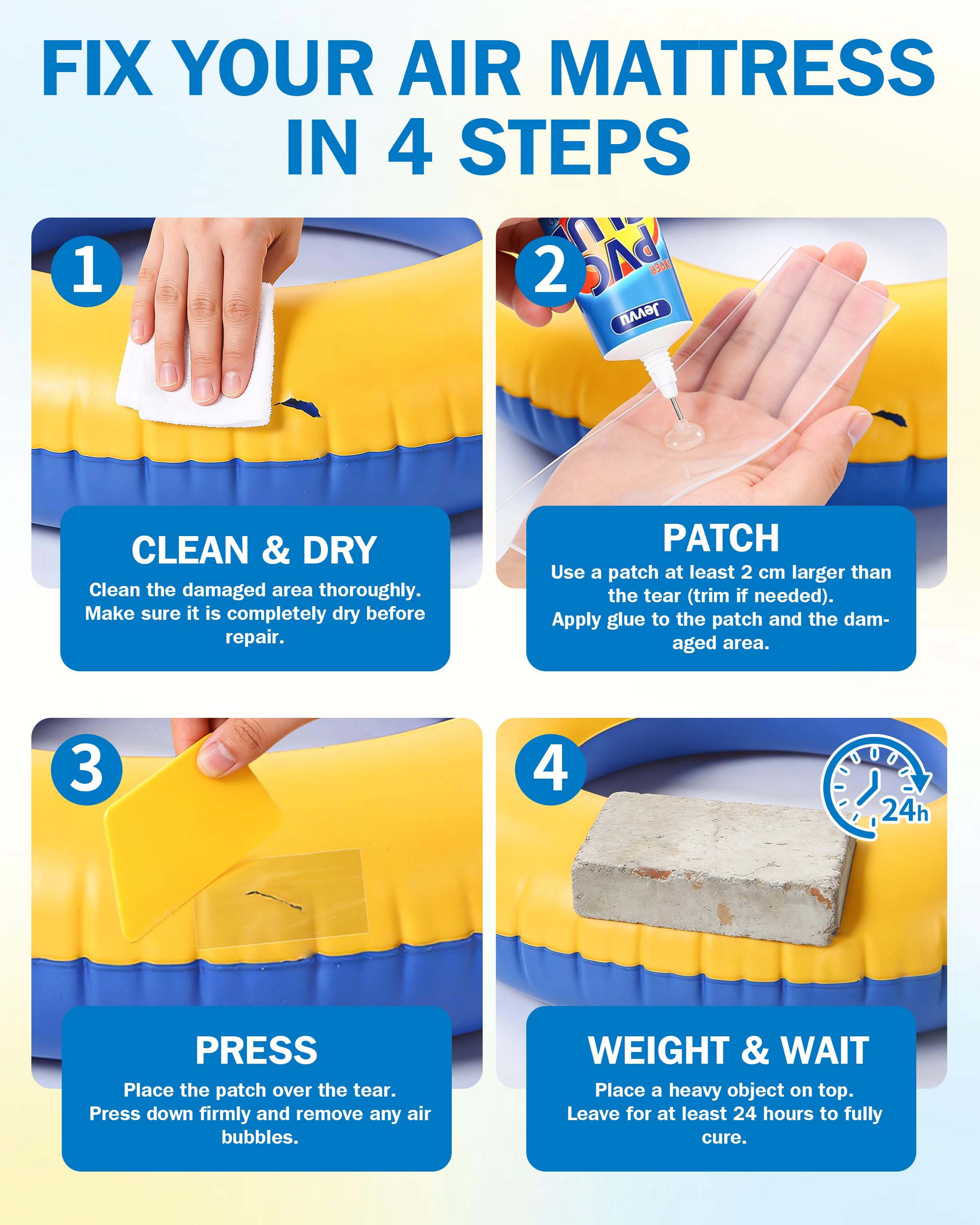 Jevvu Pool Repair Kit, 80ml Heavy Duty Waterproof Air Mattress Patch Kit for Hot Tub, Pool, Boat & Inflatables – Includes Patches, Scraper & Applicator Tool — view 6