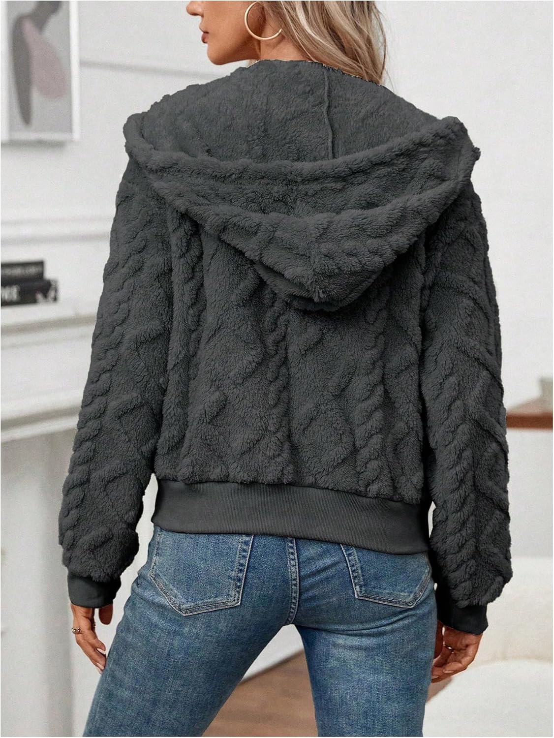 Verdusa Women's Fuzzy Furry Zip Up Hoodie Jacket Textured Teddy Coat Winter Clothes