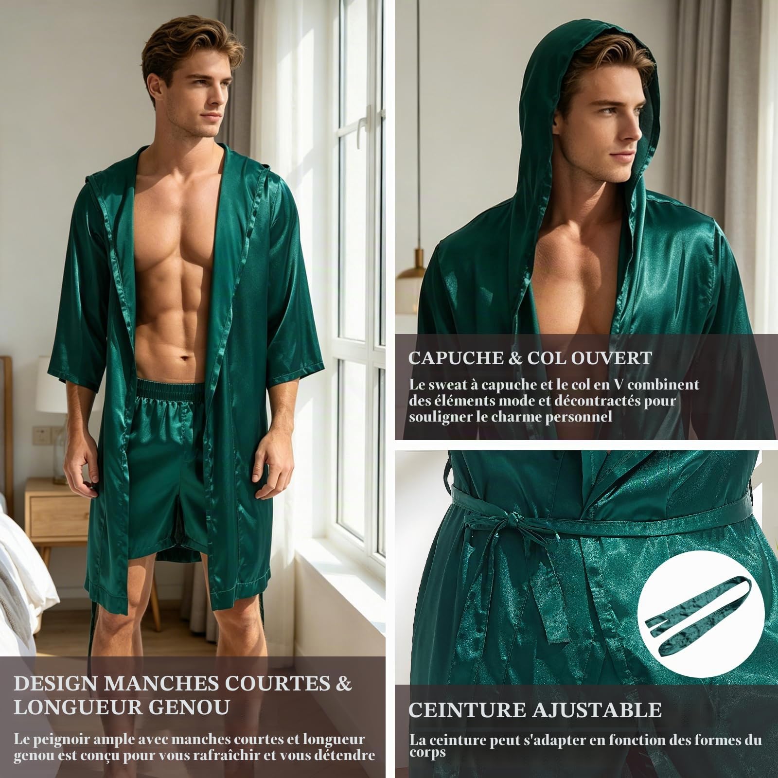 Amy Coulee Peignoir léger en satin pour homme