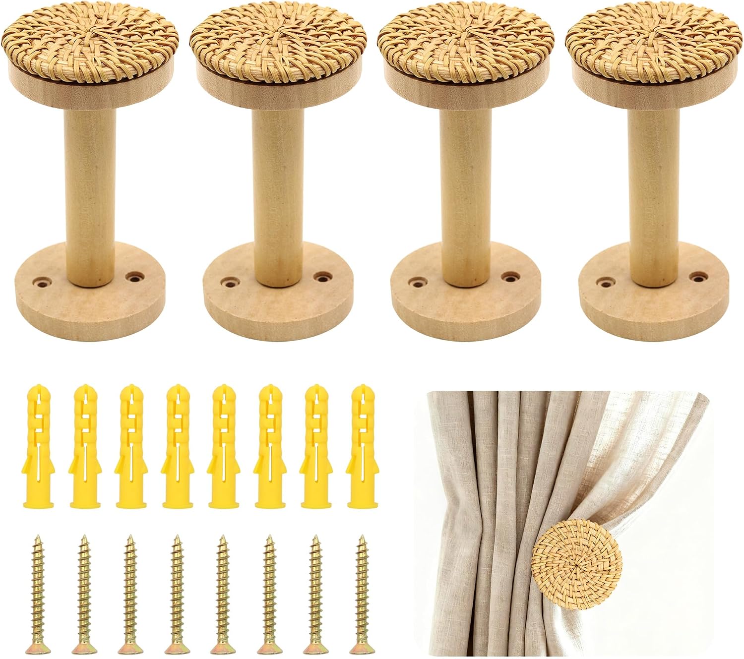 4 Pack Boho Curtain Holdbacks, Rattan Curtain Tiebacks Wall Mounted | Wooden Window Treatment Hold Backs with Screws, Decorative Drapery Tiebacks for Living Room Bedroom Farmhouse