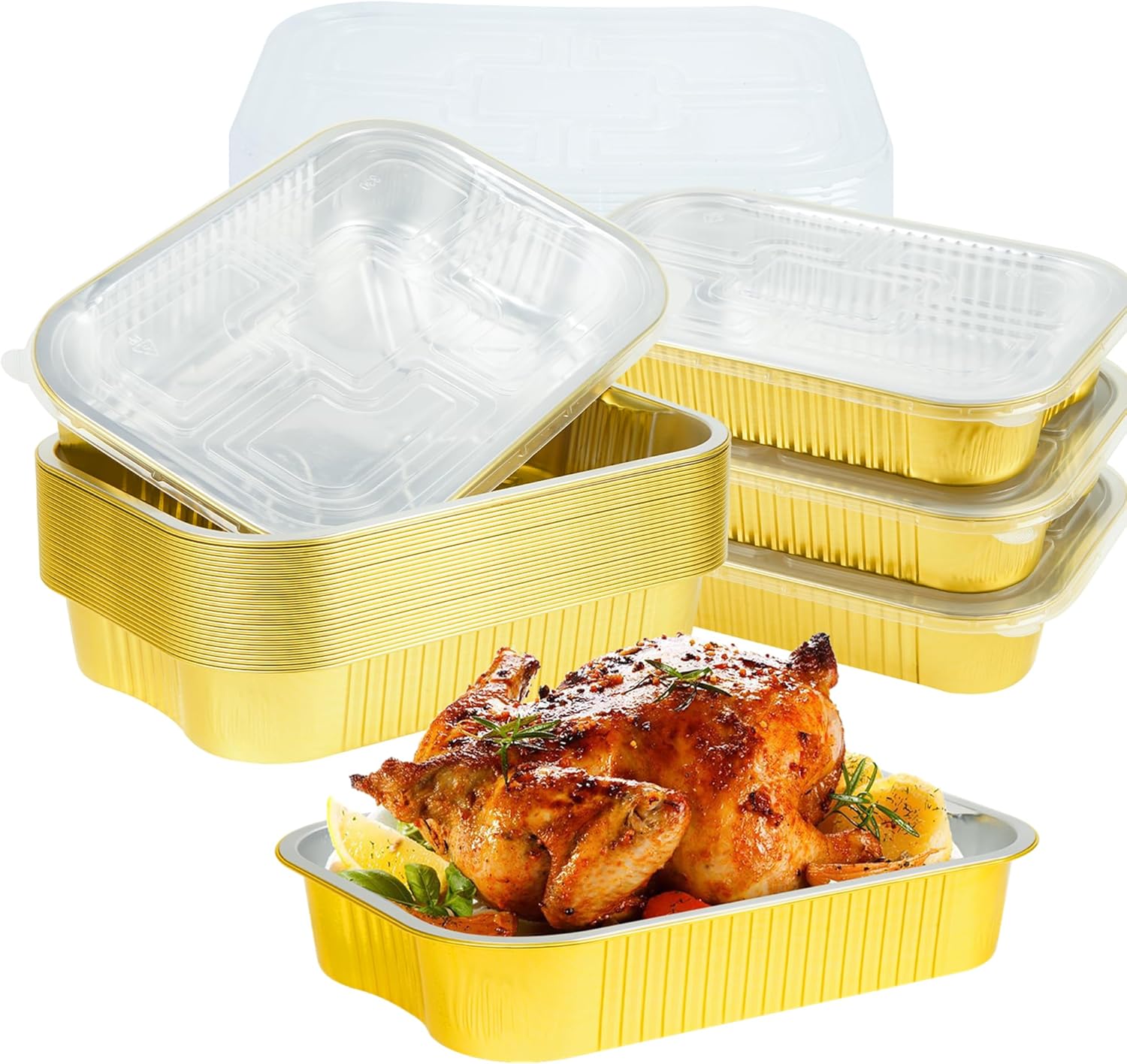 Aluminum Pans with Lids Half Size 9x13 Extra Heavy Duty (15 Pack + 15 Lids), Disposable Gold Aluminum Foil Baking Pan Double Thick Tin Foil Food Container with Lids for Baking, Heating, Meal Prep