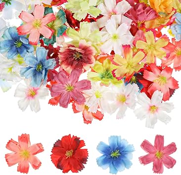 100Pcs Faux Flower Heads for Crafts, Small Fake Flowers, Artificial Silk Plum Blossom Heads for Wedding, Graduation Cap Cake Decor & DIY Craft Decorations 1.8 Inch Mixed Colors