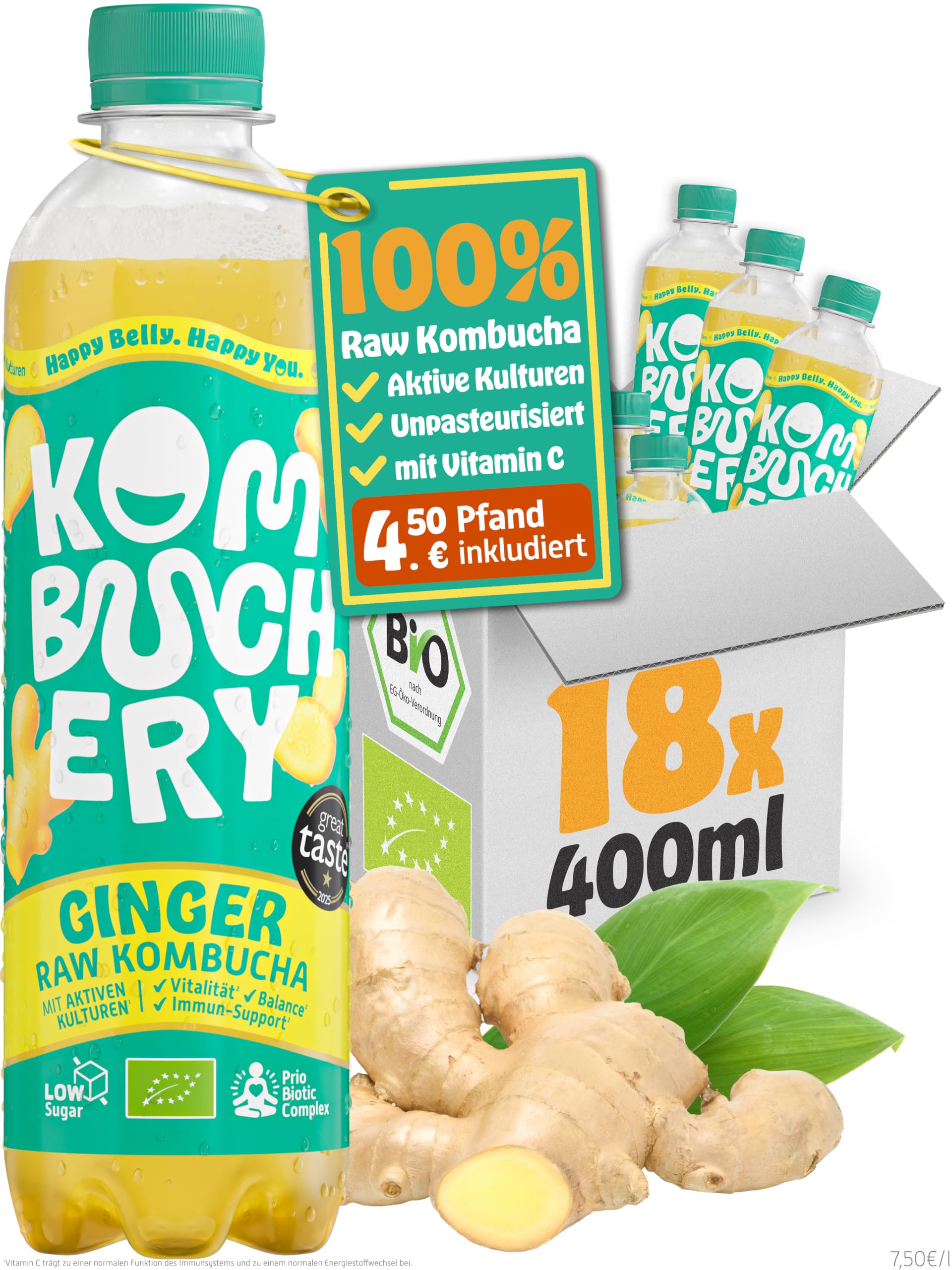 KOMBUCHERY® Ginger Raw Kombucha BIO | 18 x 400ml | Fermentierter Tee mit aktiven Darm-Kulturen | Zuckerarm & Kalorienarm | Unpasteurisiert, PrioBiotic, Vegan, Testsieger | inkl. 4,5€ PFAND