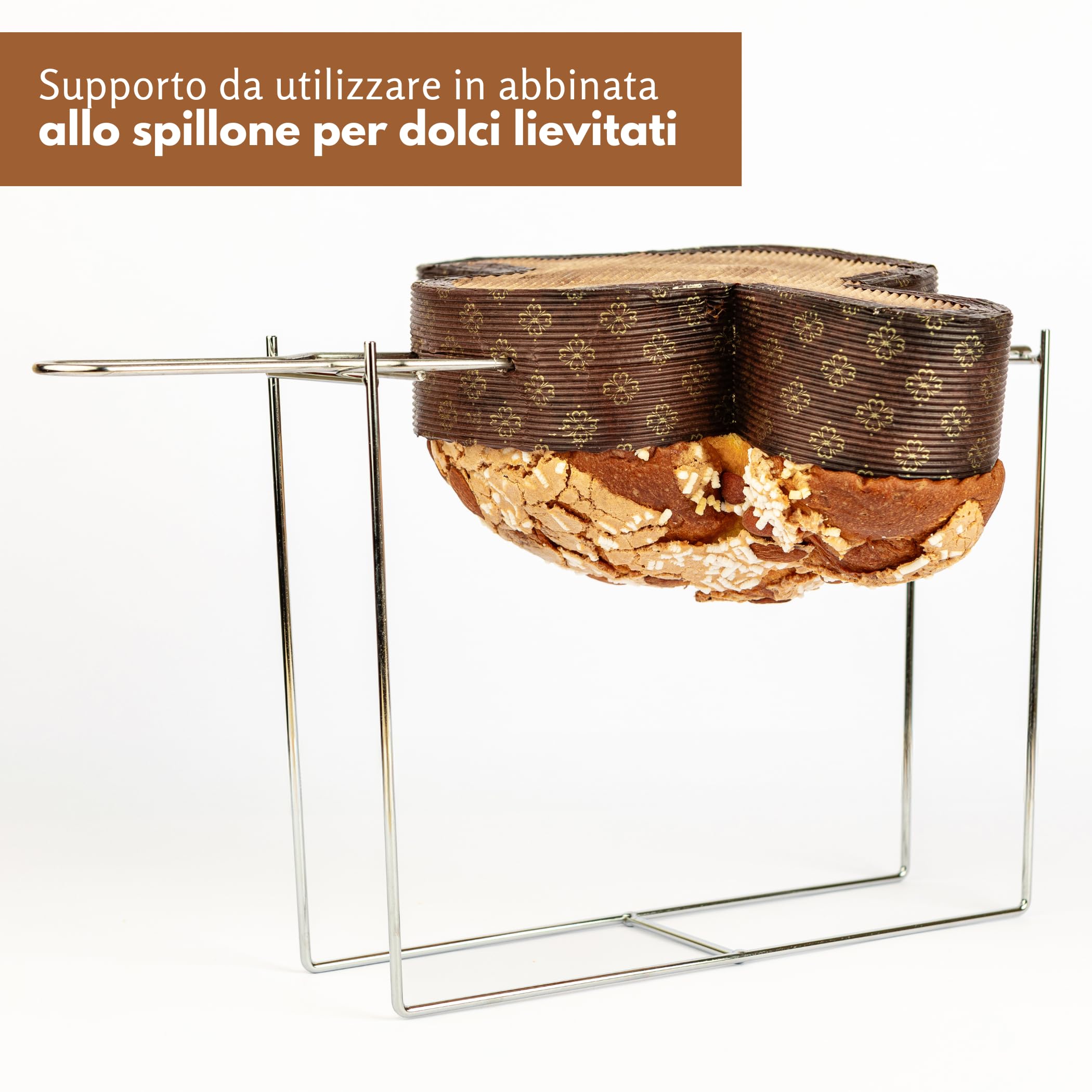 FAH - Kit 2 Supporti per Spillone Panettone, Colomba e altri Lievitati fino a 1 kg, Ferri per Panettone in Acciaio Cromato, Facile da Usare, 28 x 8 x 23 cm, da usare con Forchetta per Panettone