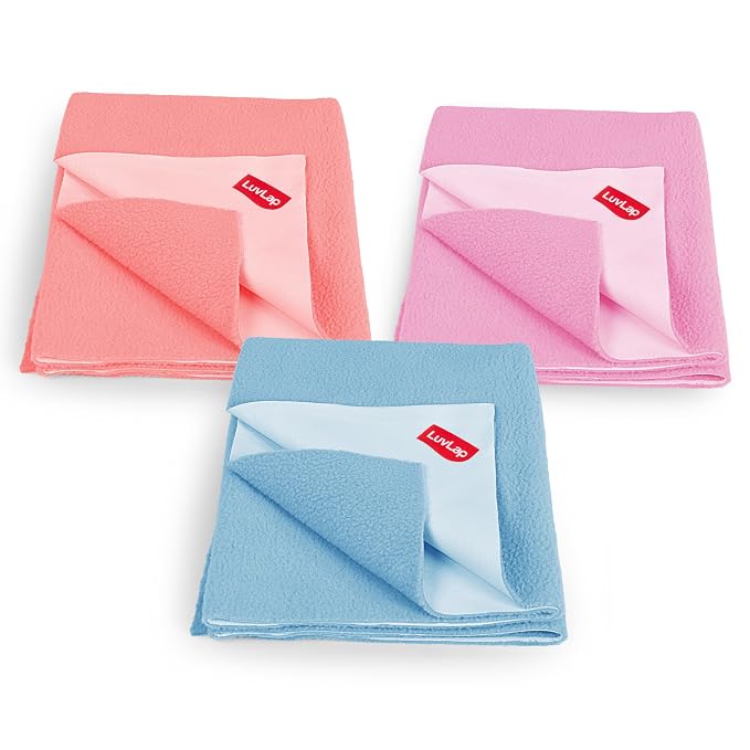 LuvLap Instadry Waterproof Baby Dry Sheet, Small Size 50x70 cm, Extra Absorbent Quick Dry Sheet for New Born, Anti-Piling Fleece for Baby, Bed Protector, Pack of 3, Salmon Rose, Baby Pink & Sky Blue