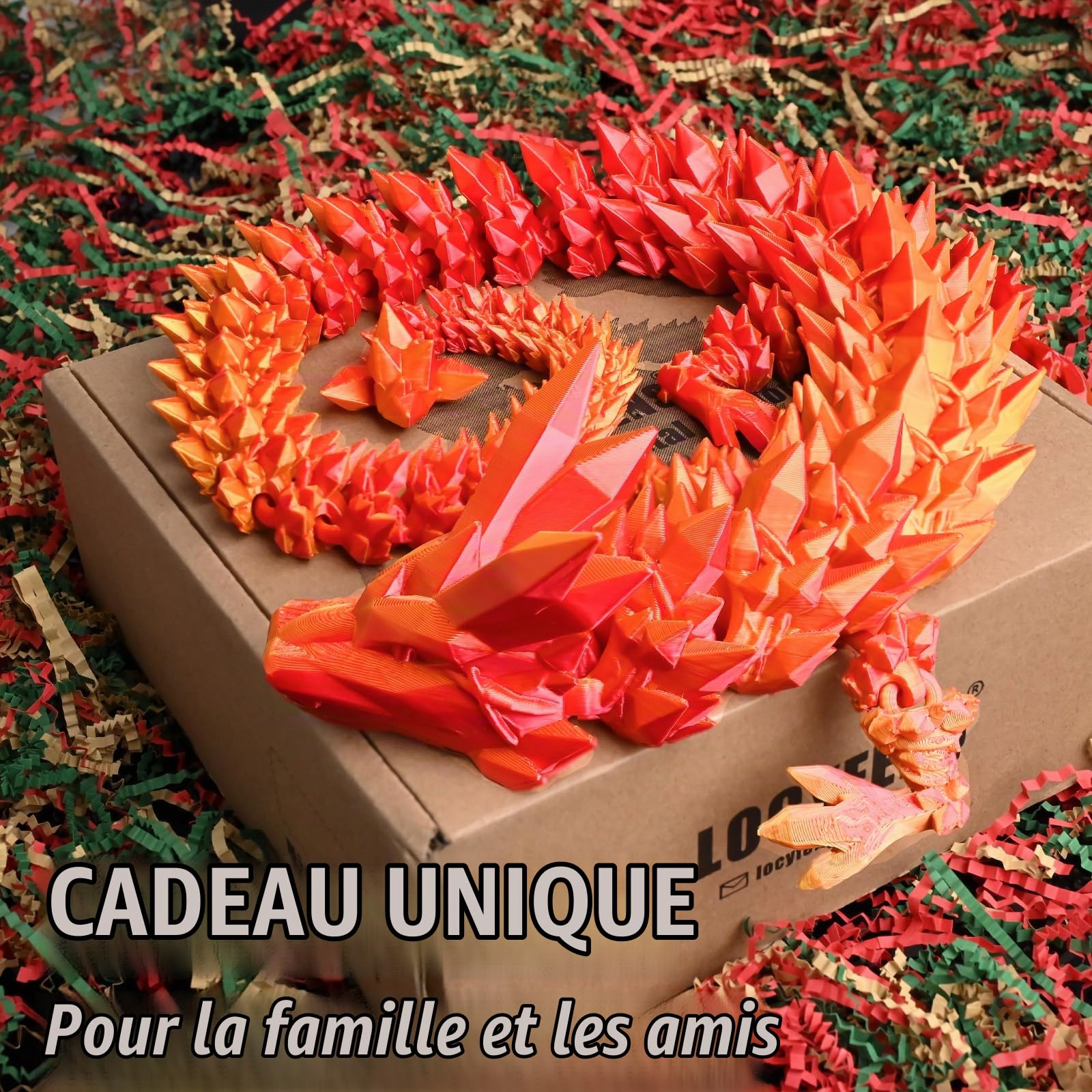 Grand Dragon imprimé en 3D Long Fidget (Or Rouge, 30 inch) | Flexible articulé dragon jouet, décoration de bureau, anniversaire cadeau de Noël pour les enfants adultes, Arc-en-ciel