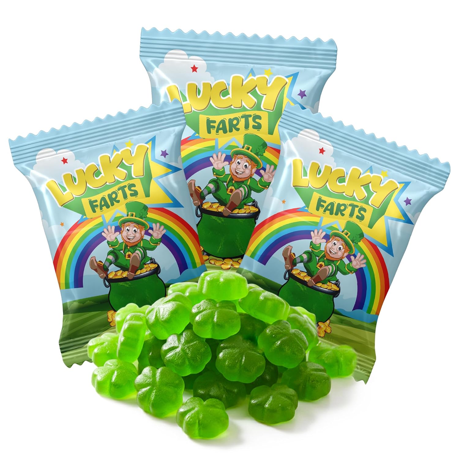 4E's Novelty 30 Packs St. Patricks Day Lucky Farts Shamrock Gummies - 30 Individually Wrapped Bags (5 Pieces Each) Green Gummy Funny St Patricks Day Candy Party Favors, Saint Patty's Day Treats & Kids Snacks, Green Apple Flavor
