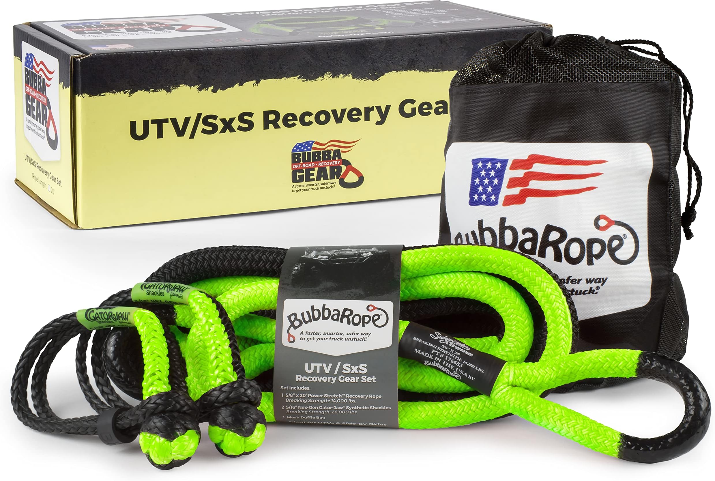 Bubba Rope Heavy-Duty Off-Road ATV, UTV & SxS Tow Recovery Gear Set – Power Stretch Recovery Rope, 5/8” x 20’ & NexGen PRO Gator-Jaw Synthetic Shackles, 5/16” x 5 .5” Green