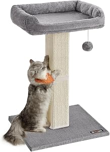 Feandrea Cat Scratching Post, Cat Scratcher with Top Perch Bed, Fully Woven Sisal Covered Scratcher Post, Pompom, Removable Washable Cover, Light Gray UPCA022W01