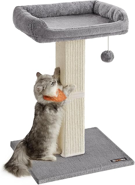 Feandrea Cat Scratching Post, Cat Scratcher with Top Perch Bed, Fully Woven Sisal Covered Scratcher Post, Pompom, Removable Washable Cover, Light Gray UPCA022W01